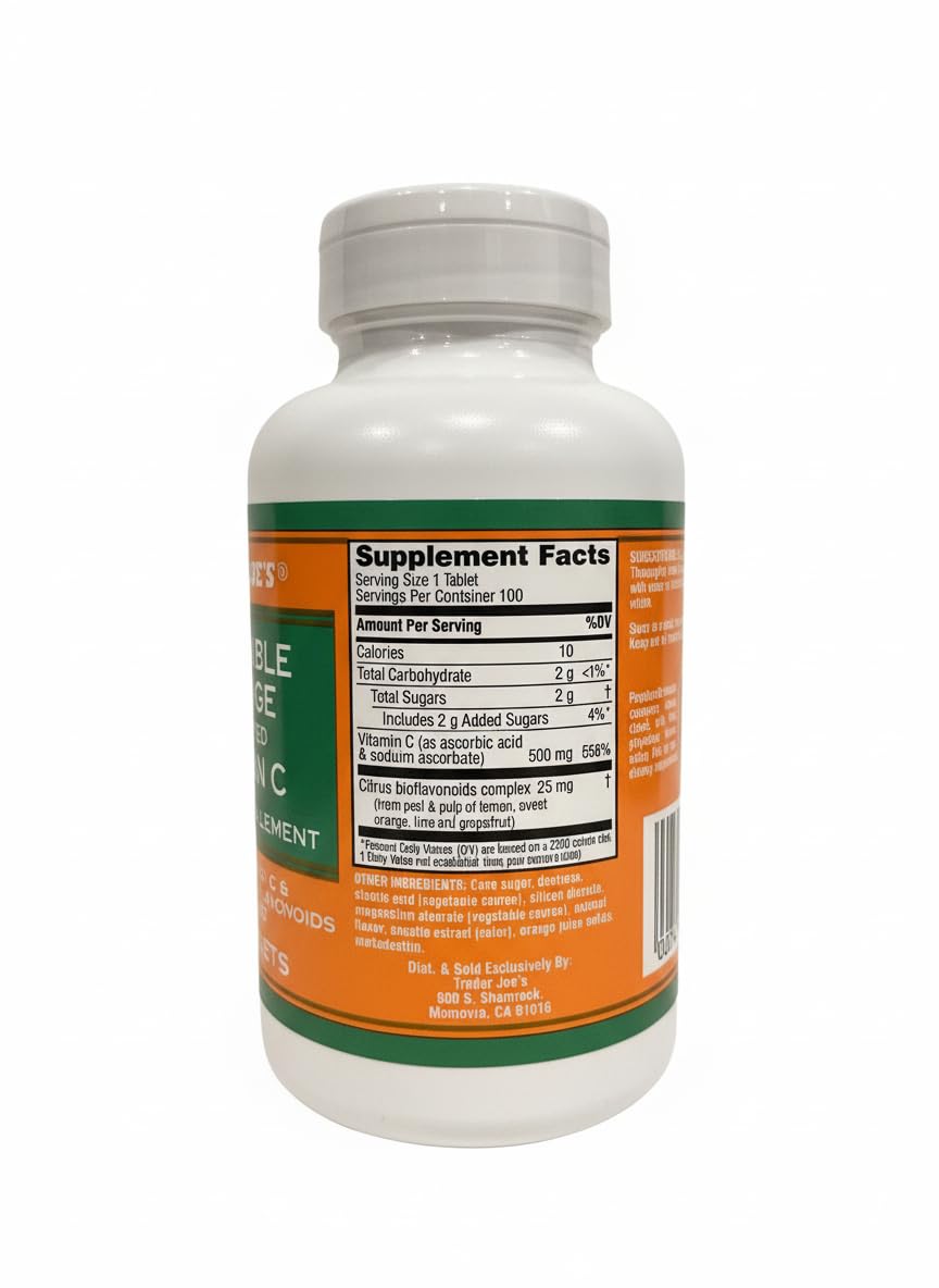 Close-up of orange-flavored chewable Vitamin C tablets (100-count)