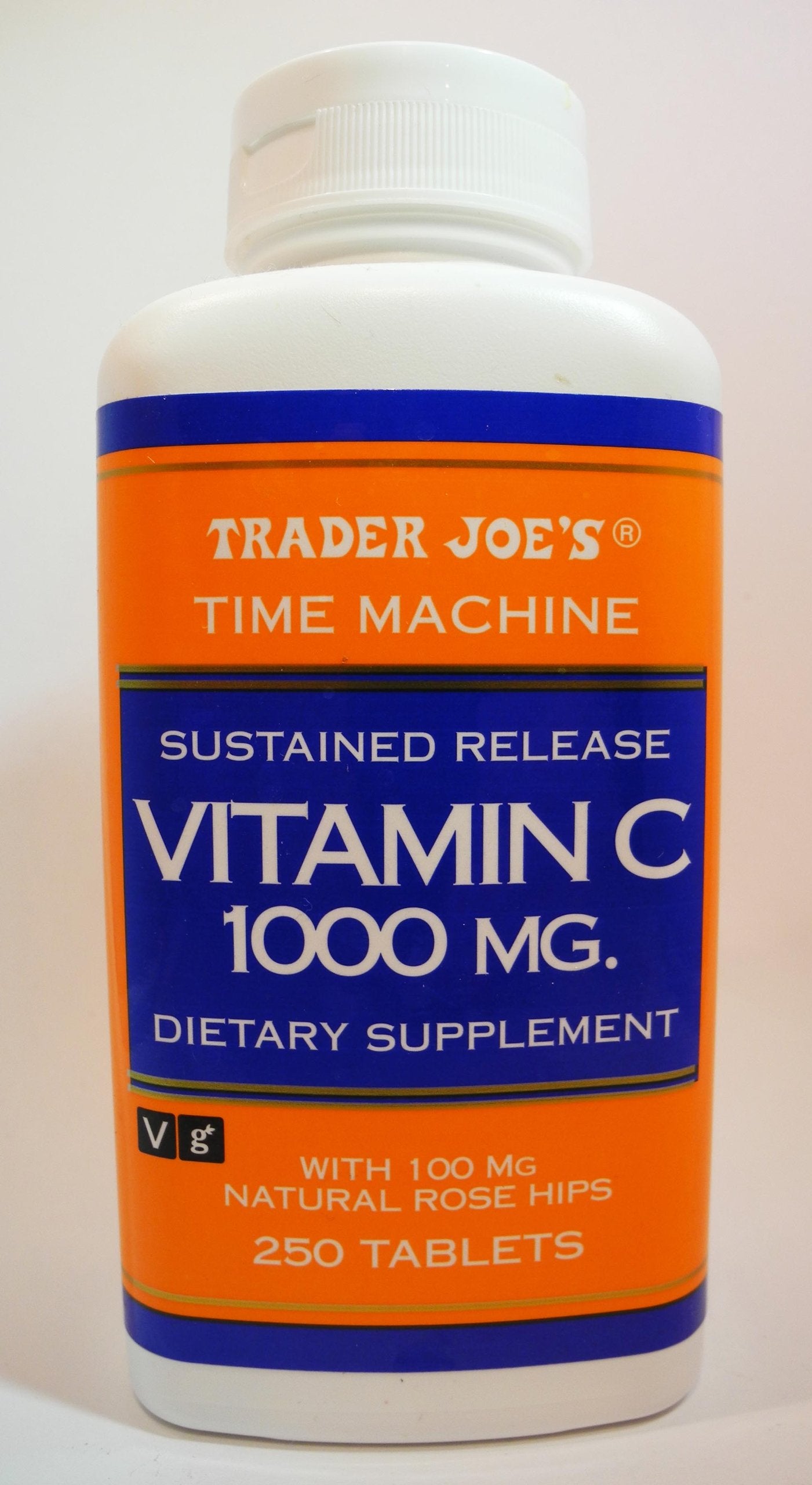 Trader Joe's Sustained Release Vitamin C 1000MG Dietary Supplement bottle with natural rose hips