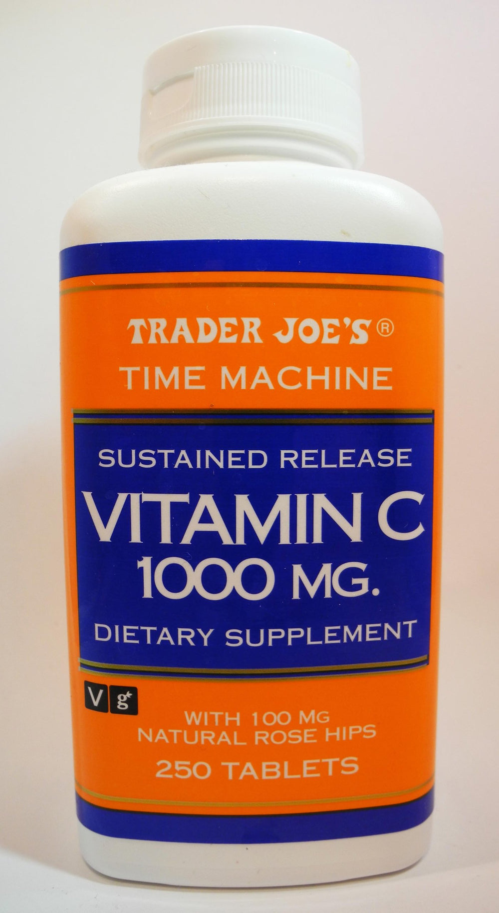 Trader Joe's Sustained Release Vitamin C 1000MG Dietary Supplement bottle with natural rose hips