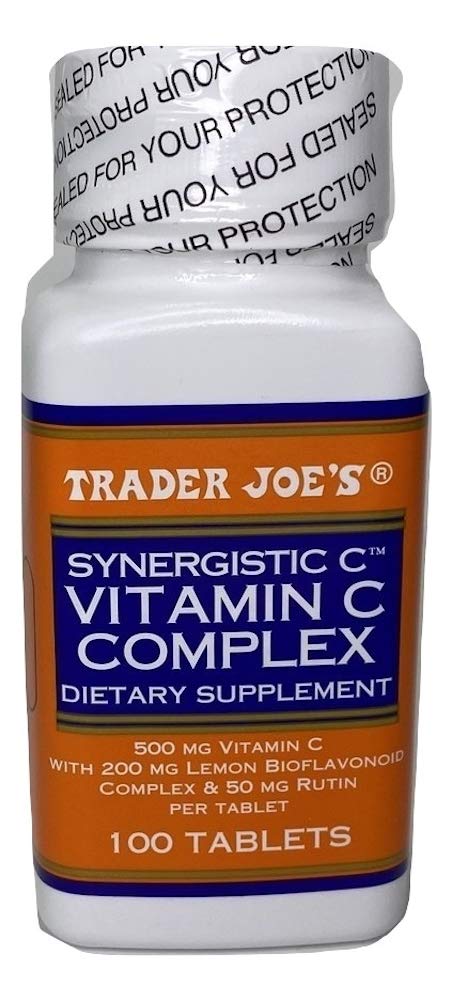 Bottle of Trader Joe's Vitamin C Complex 100 tablets on a white surface