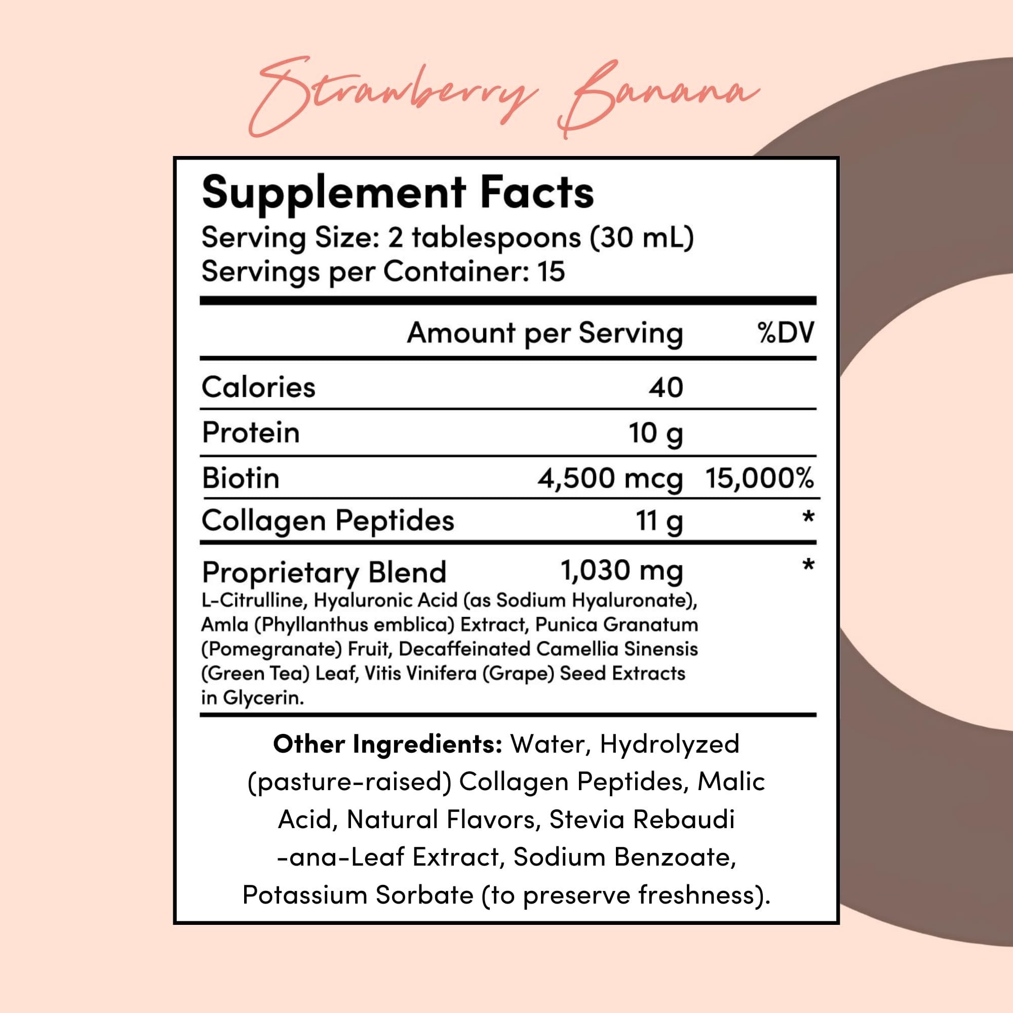 Usage instruction: two tablespoons daily of Tranont Glow Strawberry Banana Liquid Collagen