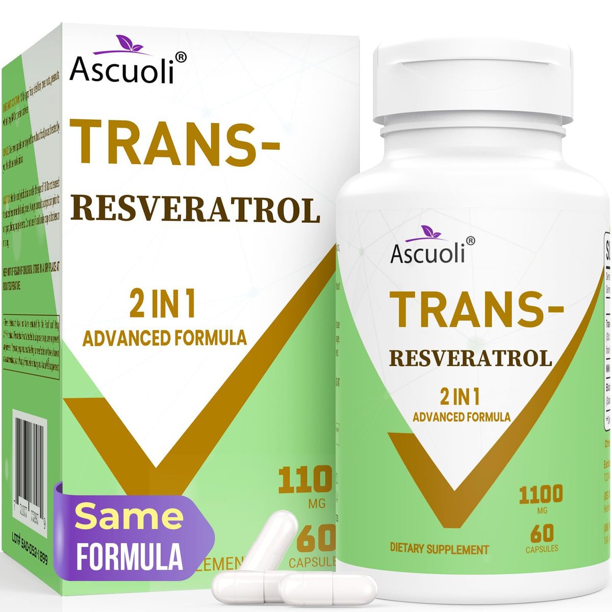 Bottle front view of 99% Ultra Purity Trans-Resveratrol 1100mg – 60 capsules