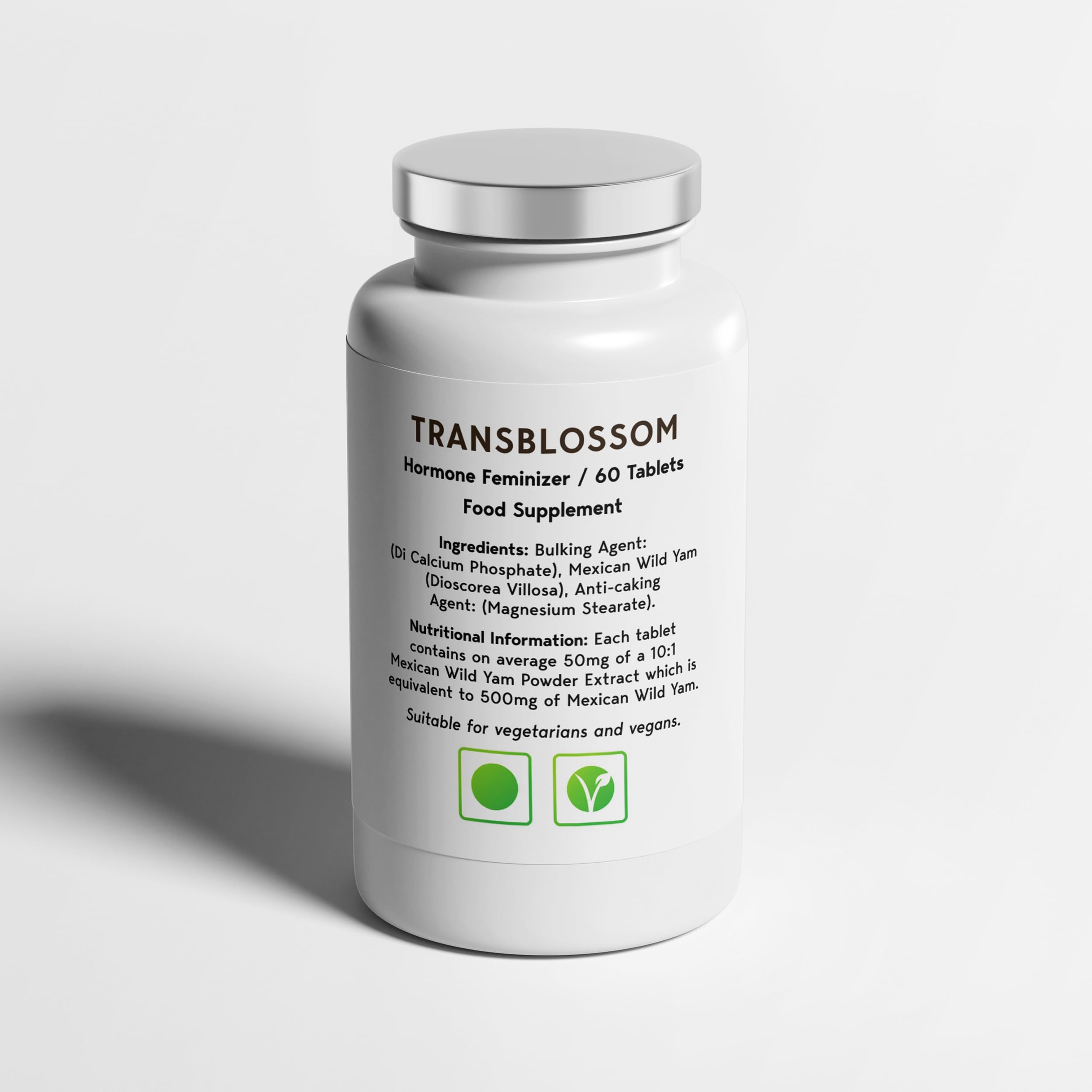 TransBlossom label close-up showing 60 tablets
