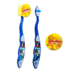 Collectible caps and Transformers stickers included with the toothbrush set
