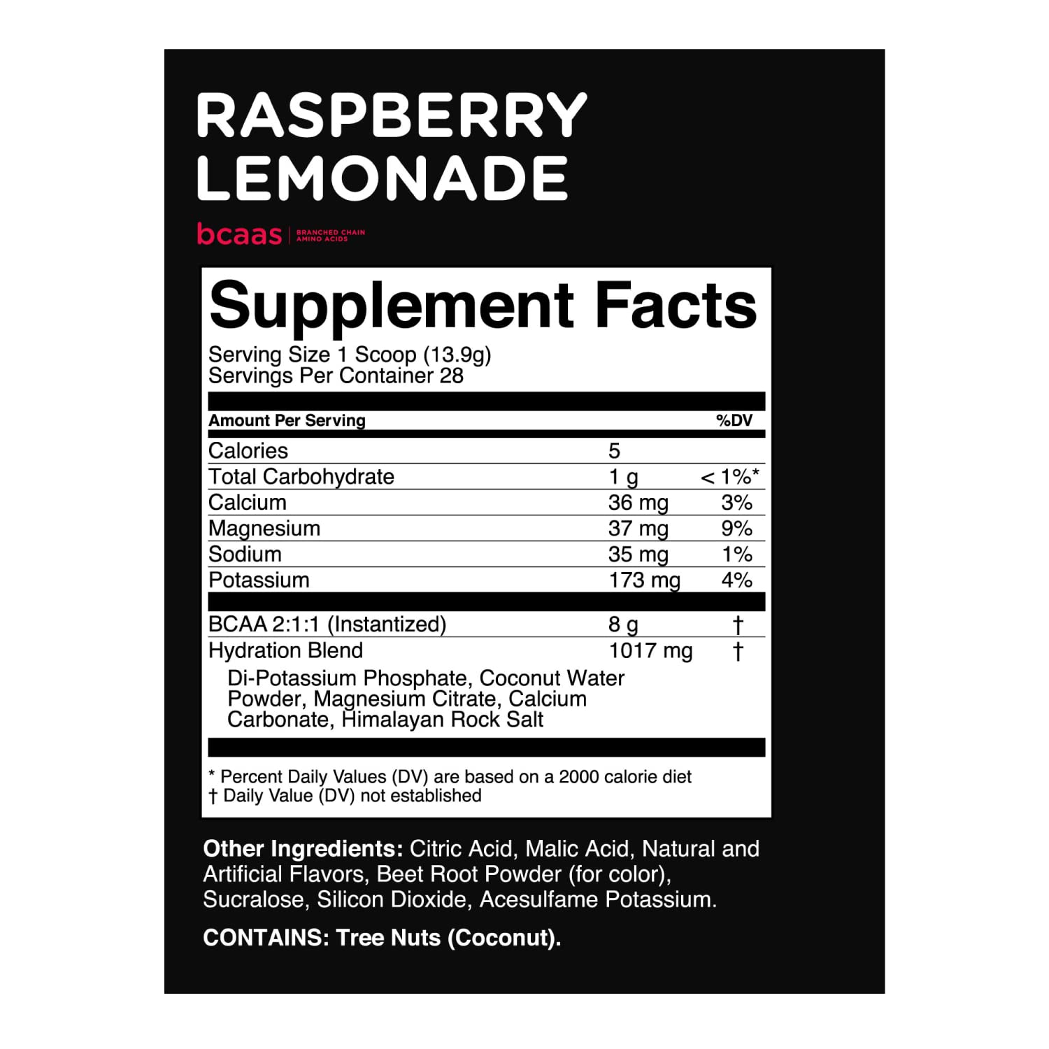 Nutrition facts close-up for TransformHQ BCAA Raspberry Lemonade
