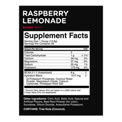 Nutrition facts close-up for TransformHQ BCAA Raspberry Lemonade