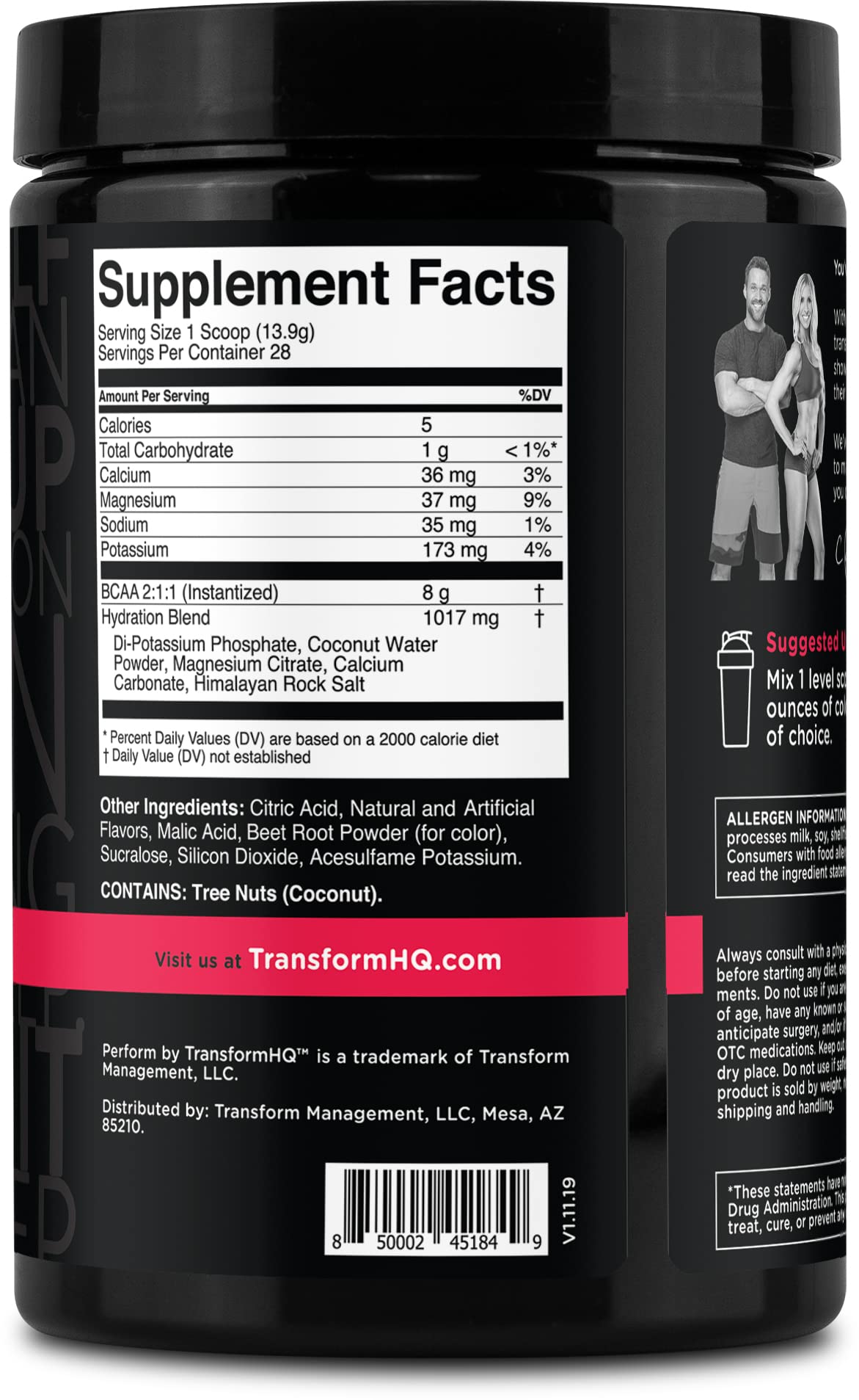 Back label view of TransformHQ Raspberry Lemonade BCAA bottle (28 servings)