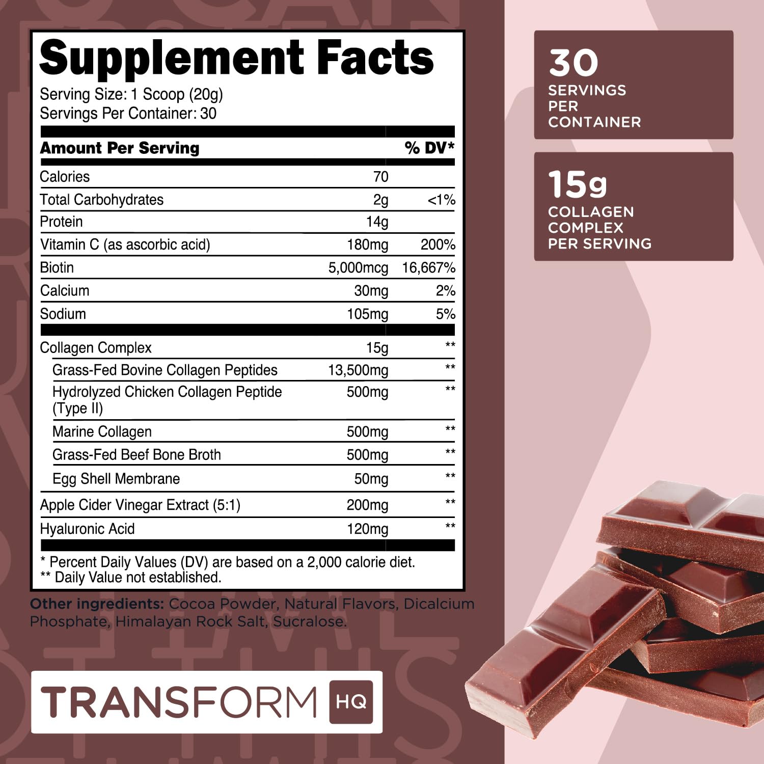 Chocolate-flavored TransformHQ Beauty Collagen powder being mixed into a glass