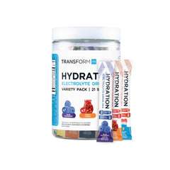 TransformHQ blue raspberry hydration glass provides tasty, sugar-free electrolyte refreshment.