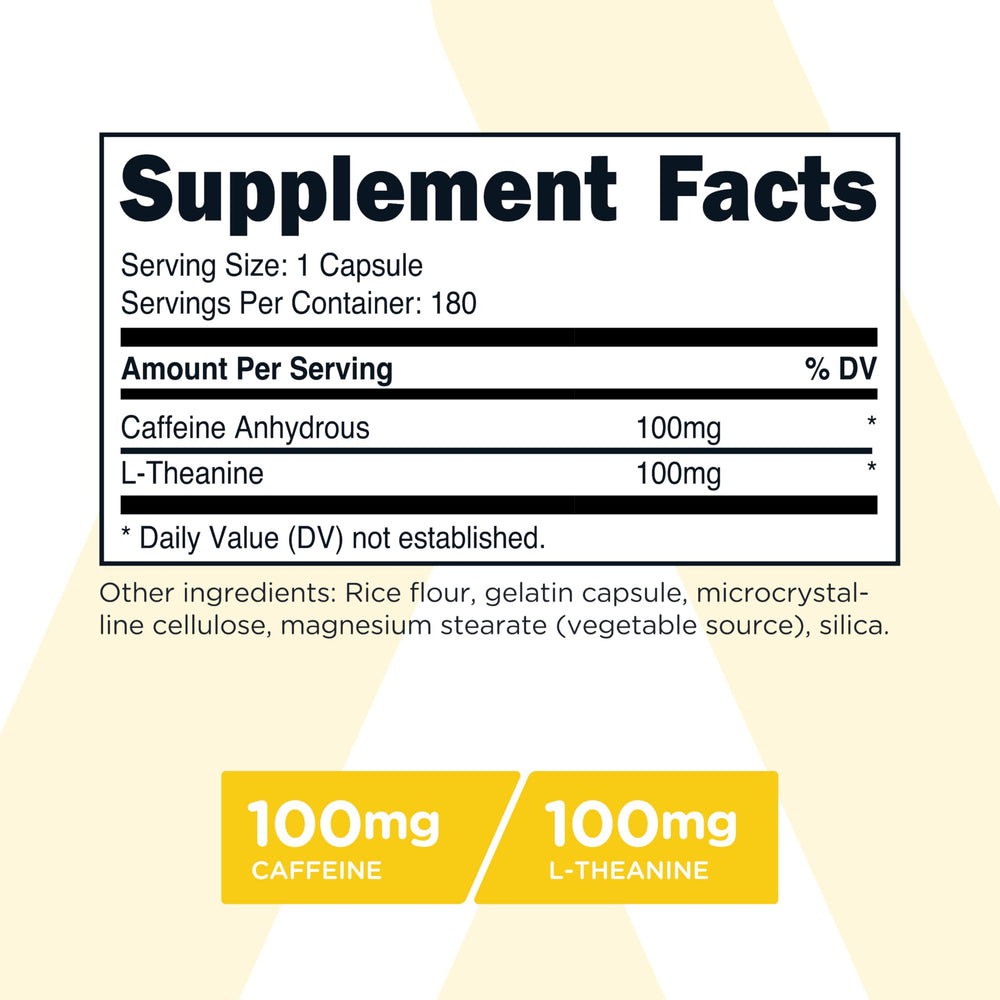 TransformHQ Caffeine & L-Theanine bottle label shows 100 mg caffeine and 100 mg L-Theanine for balanced energy.