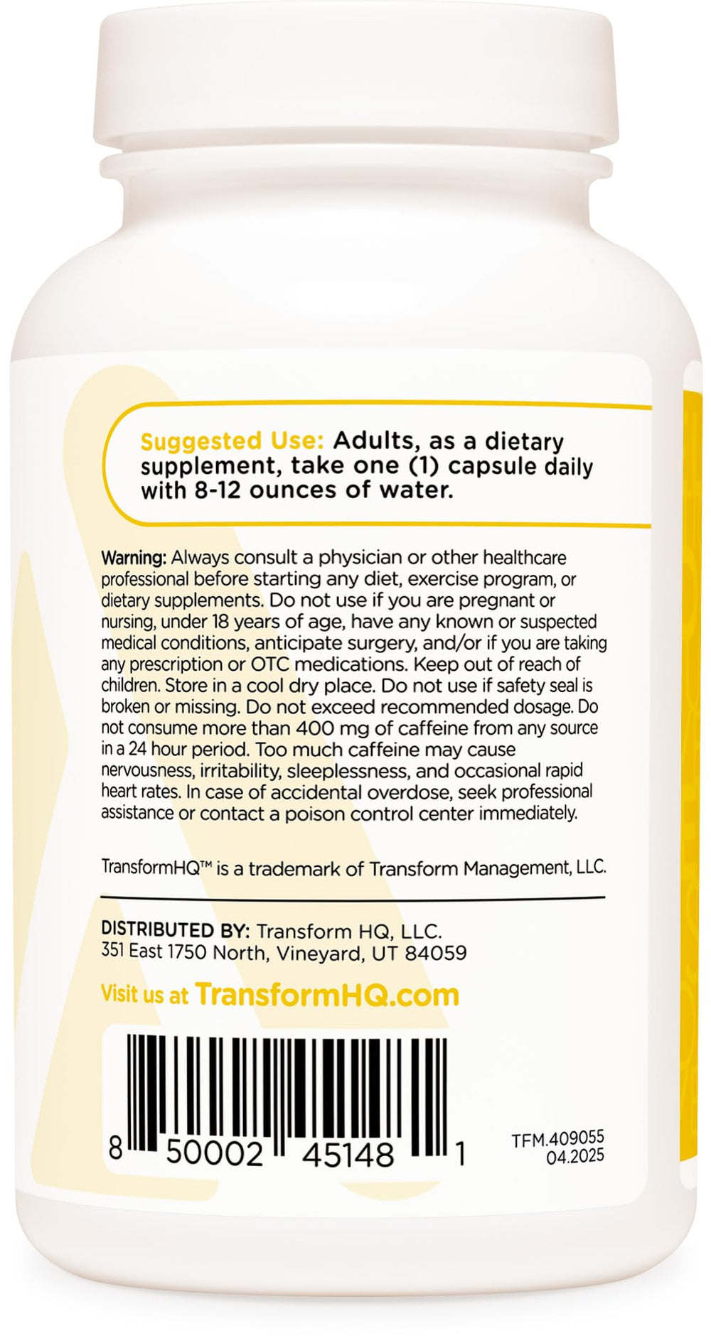 TransformHQ Caffeine & L-Theanine capsules close-up reveals evenly dosed caffeine and L-Theanine for smooth energy.