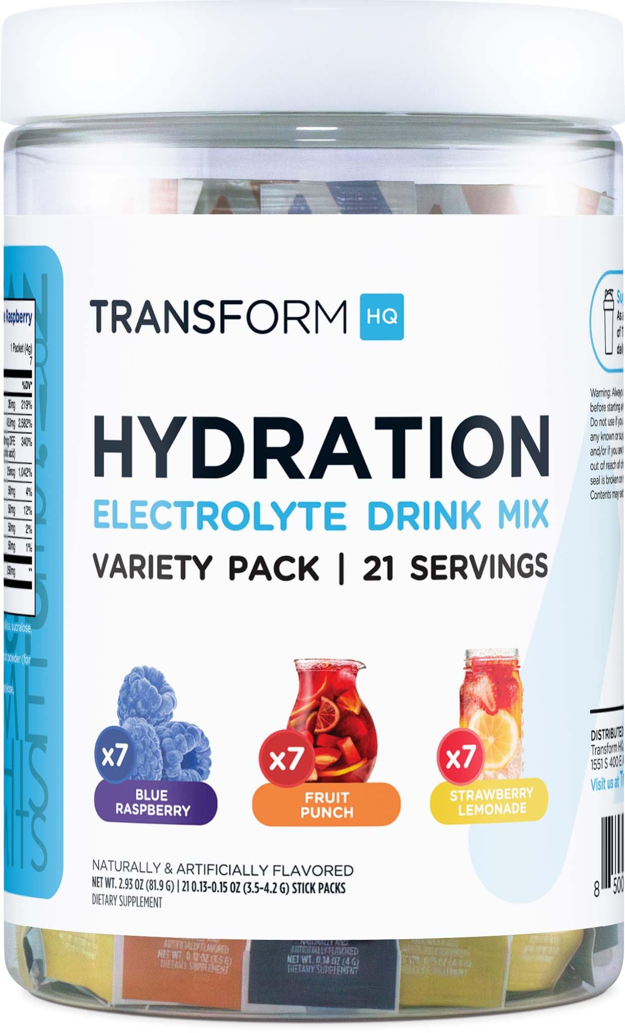 TransformHQ electrolyte packets variety pack on-the-go hydration option.