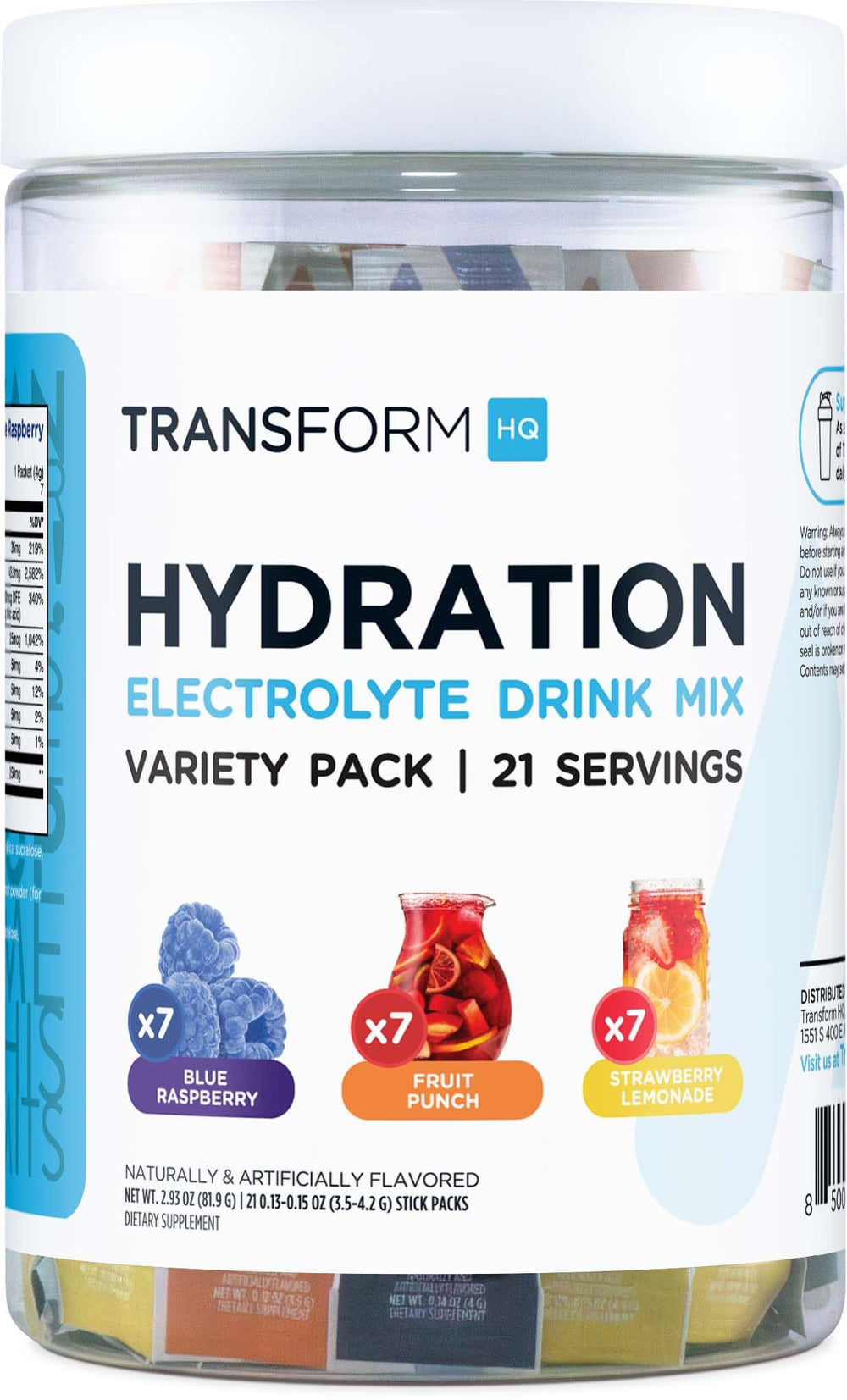 TransformHQ electrolyte packets variety pack on-the-go hydration option.