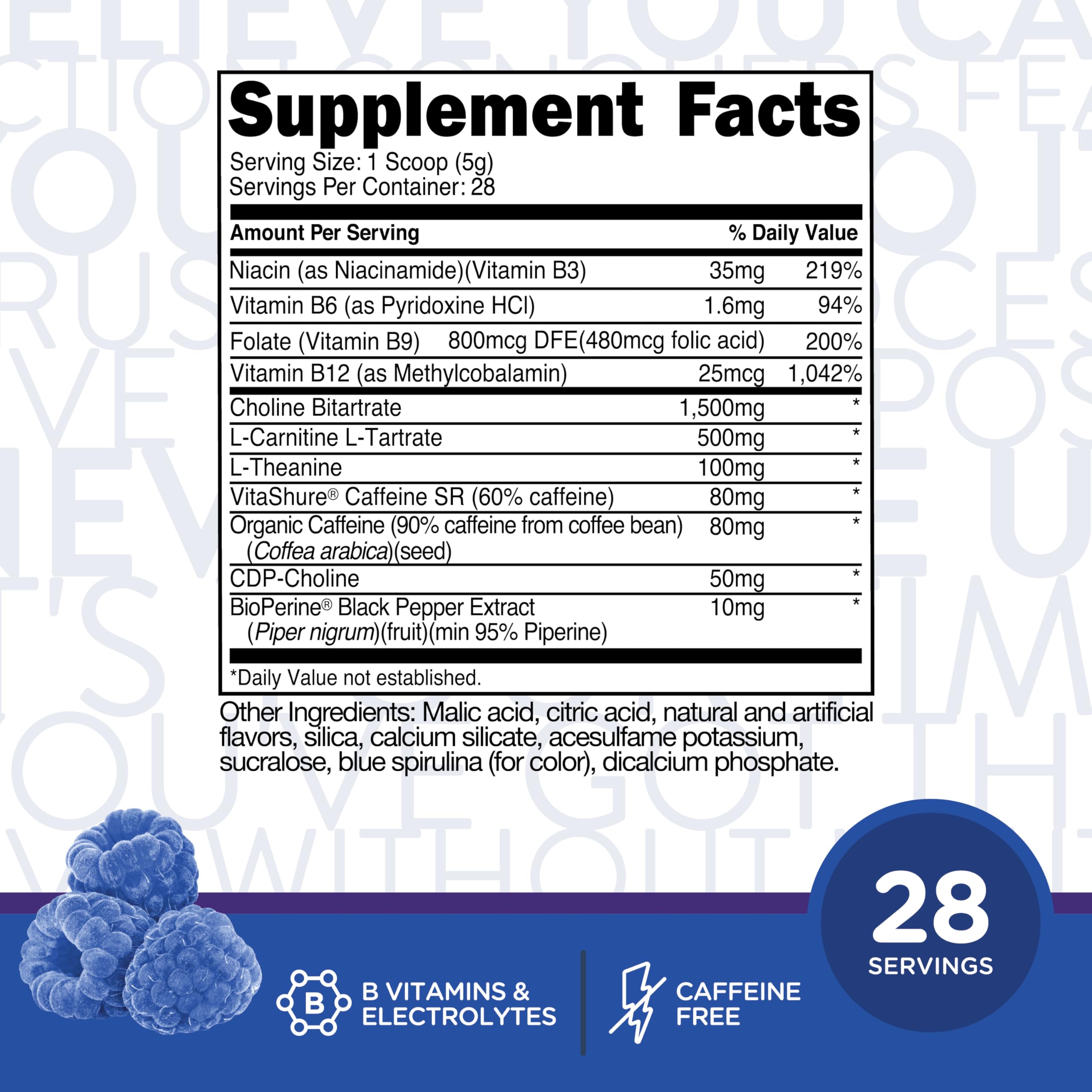 TransformHQ Energy & Focus blue raspberry mixed in water for refreshing sustained energy