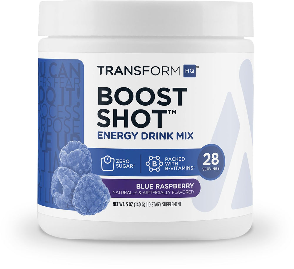 TransformHQ Energy & Focus blue raspberry powder in a jar offering a clean energy boost