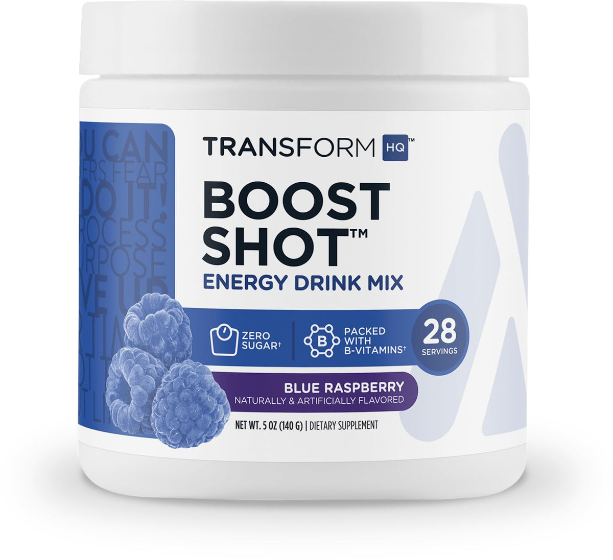 TransformHQ Energy & Focus blue raspberry powder in a jar offering a clean energy boost