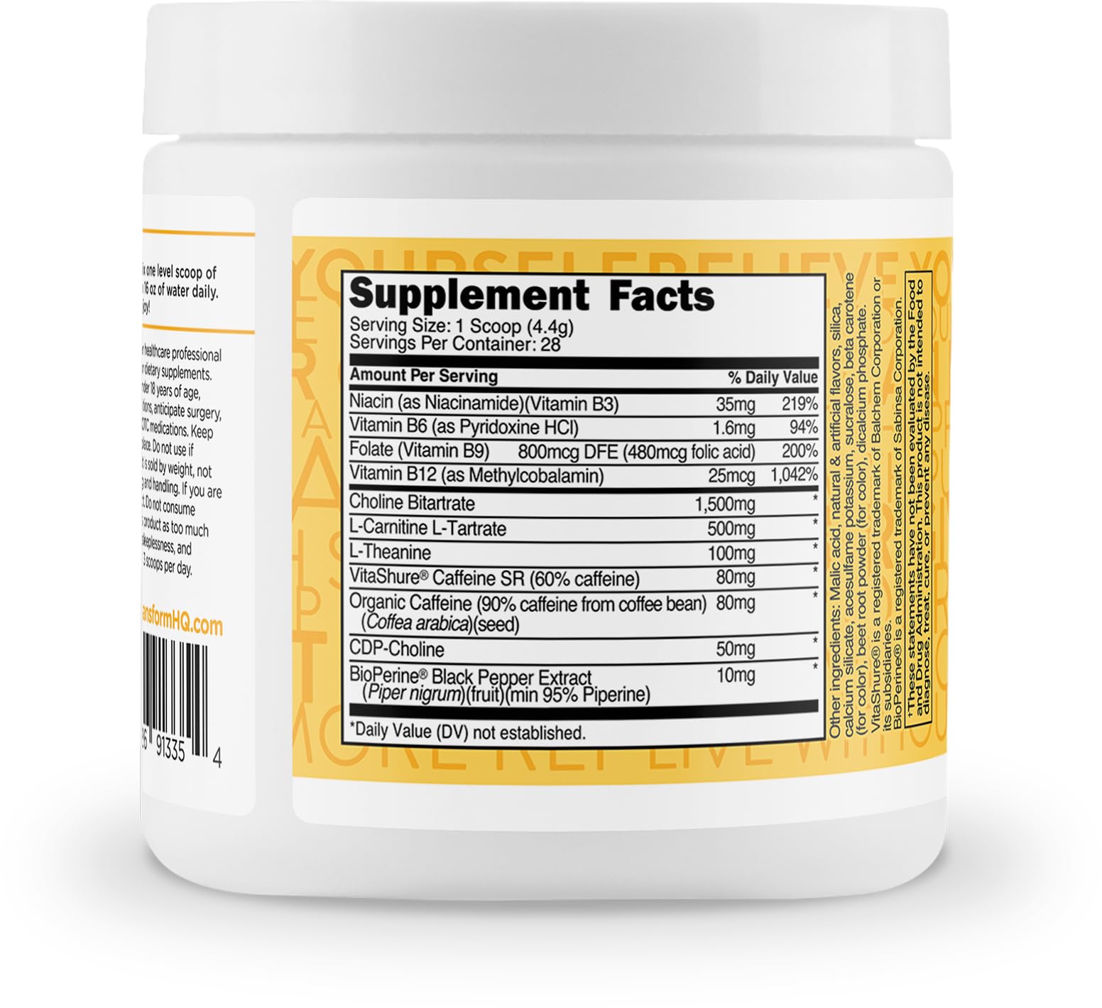 TransformHQ peach mango ingredients highlight caffeine and B vitamins.