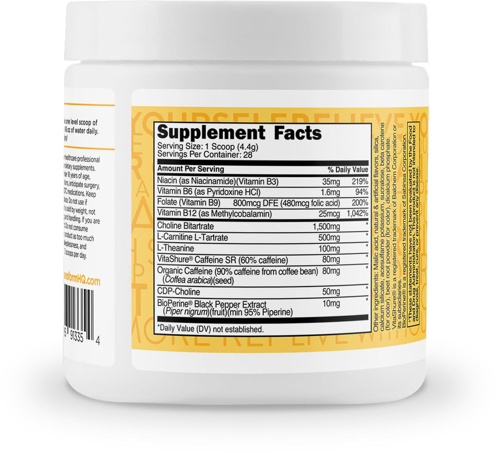 TransformHQ peach mango ingredients highlight caffeine and B vitamins.