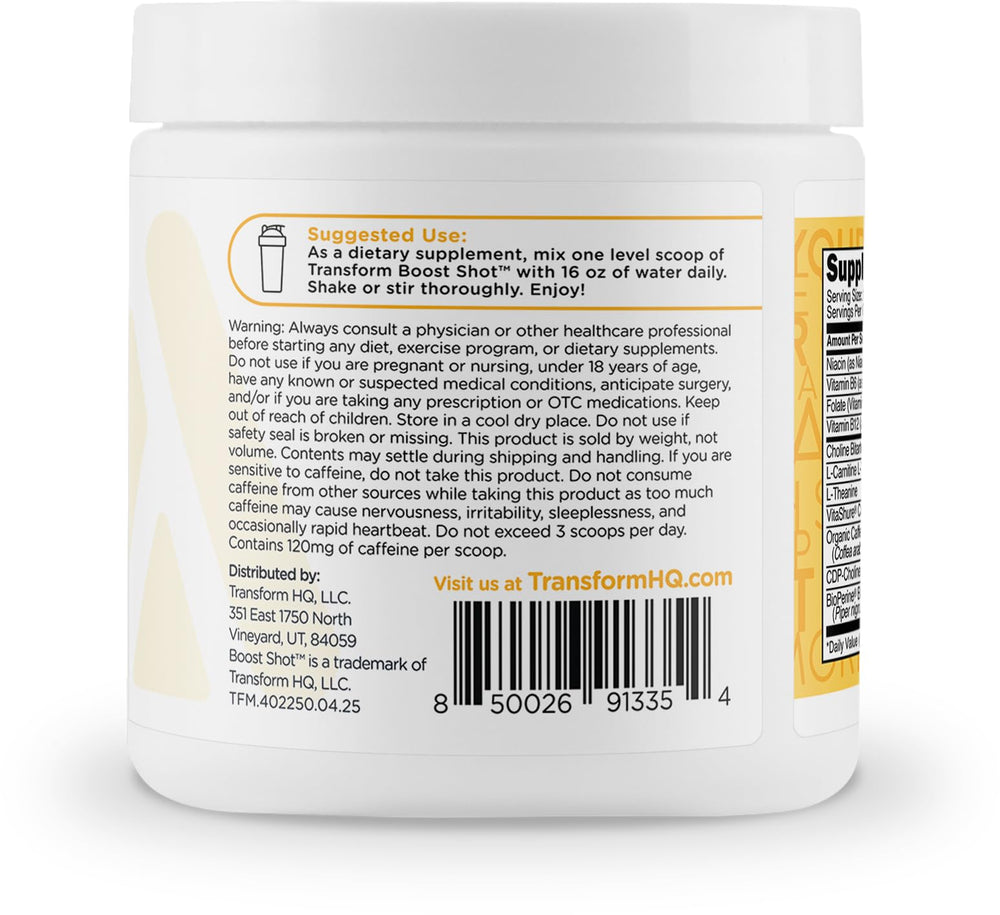 Scoop of TransformHQ Energy & Focus powder ready to mix.