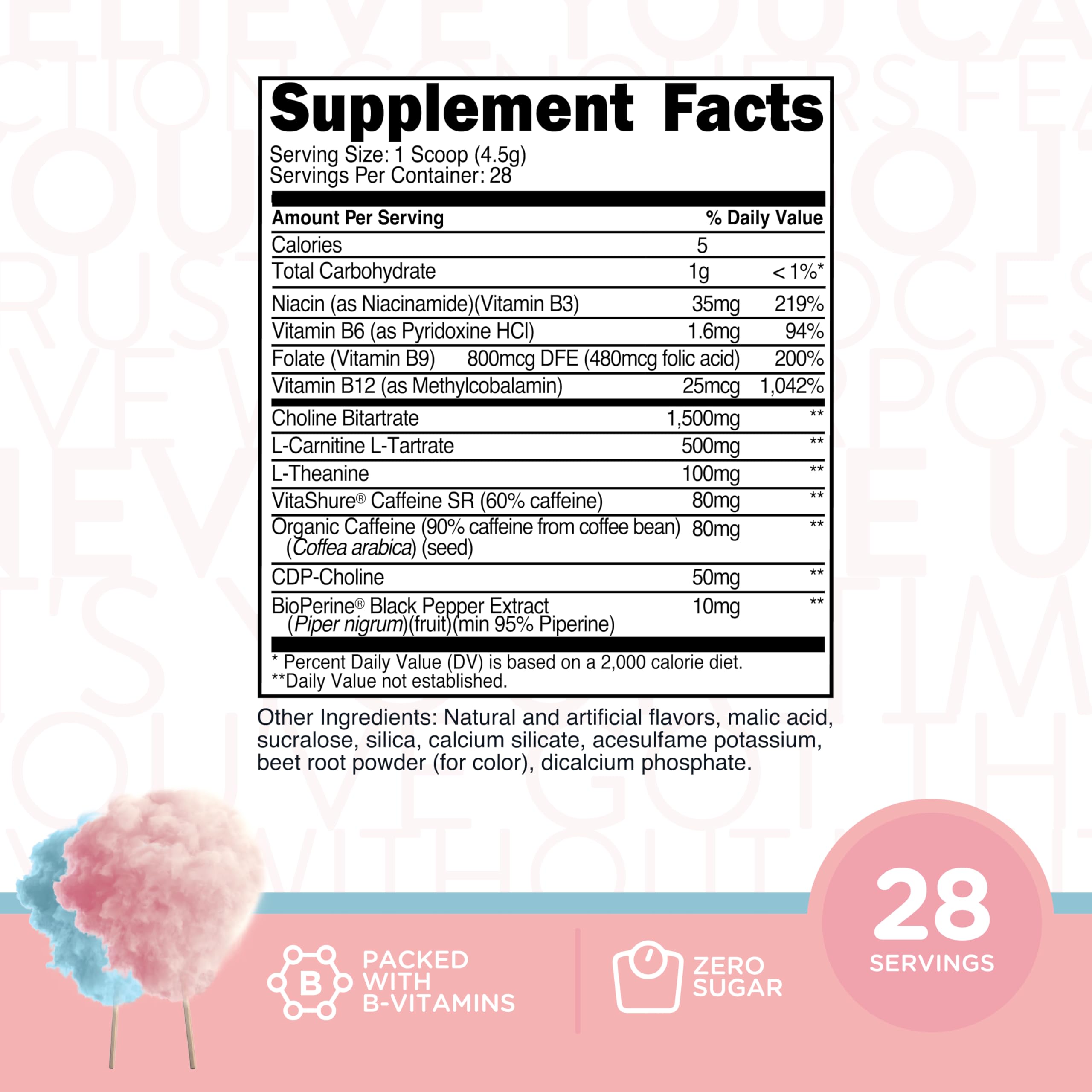 TransformHQ Energy & Focus Powder ingredient panel highlighting caffeine and vitamins