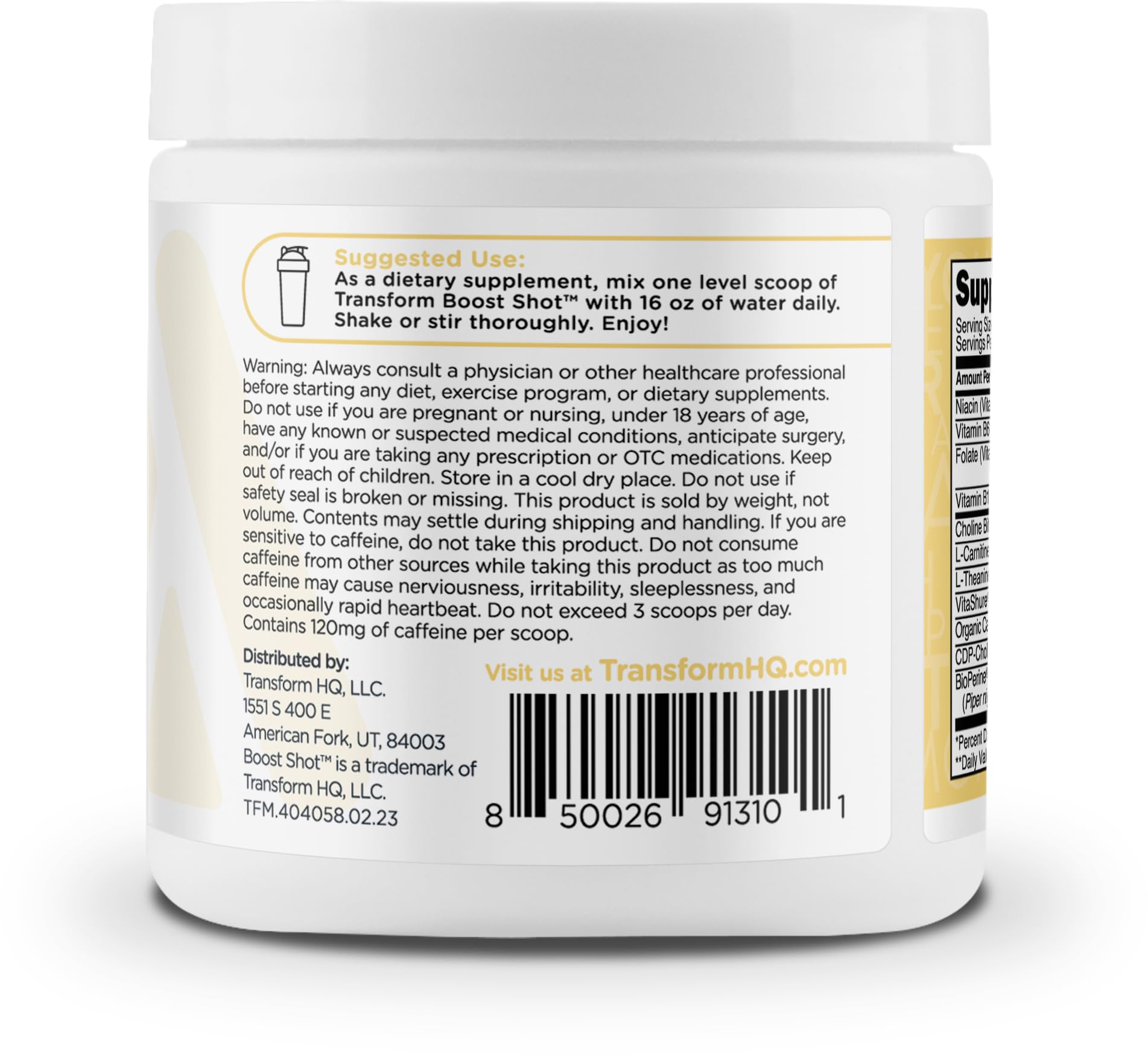 TransformHQ pina colada shaker glass suggests ready-to-drink feel with smooth energy.