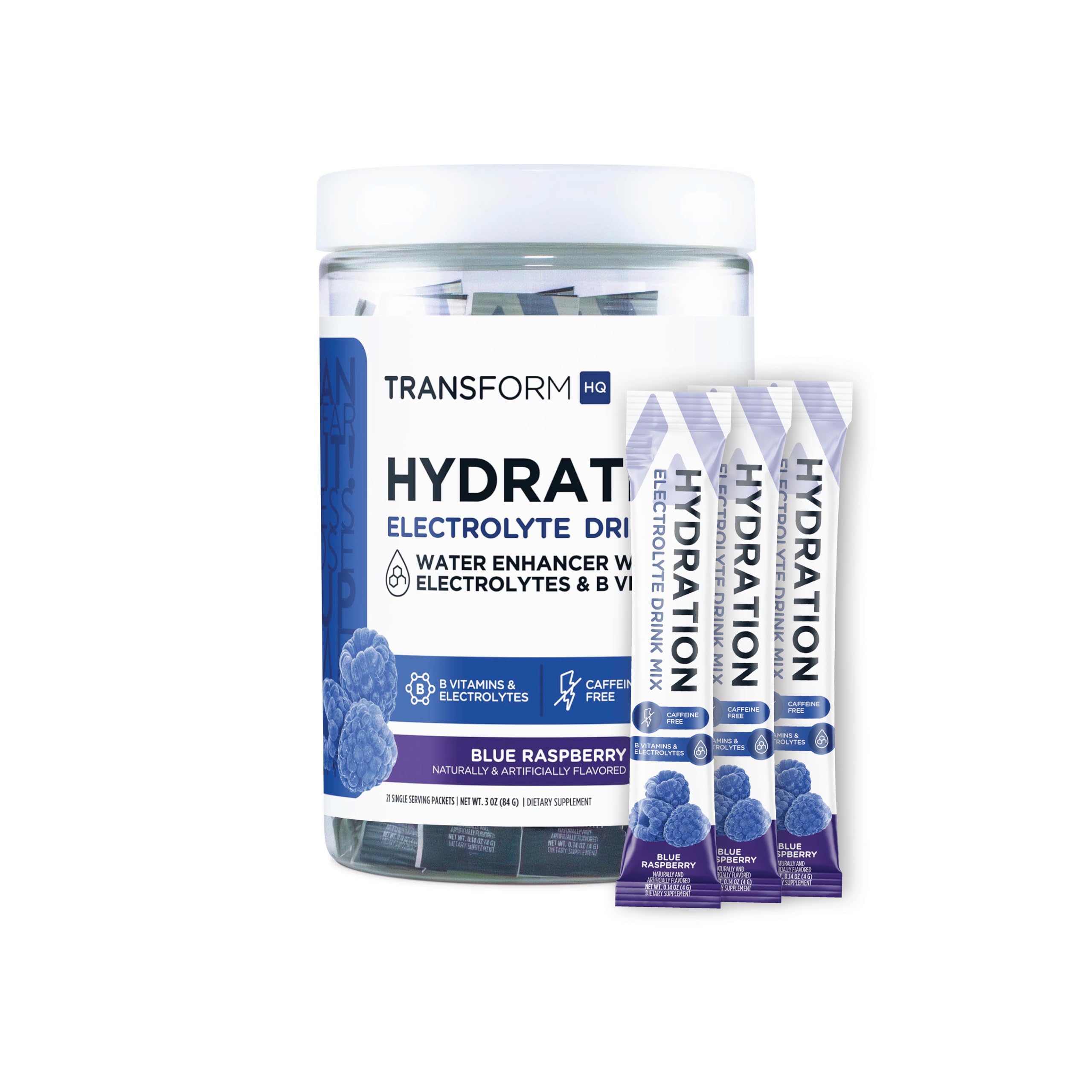 TransformHQ Hydration blue raspberry box, convenient 21-serving pack for daily hydration.