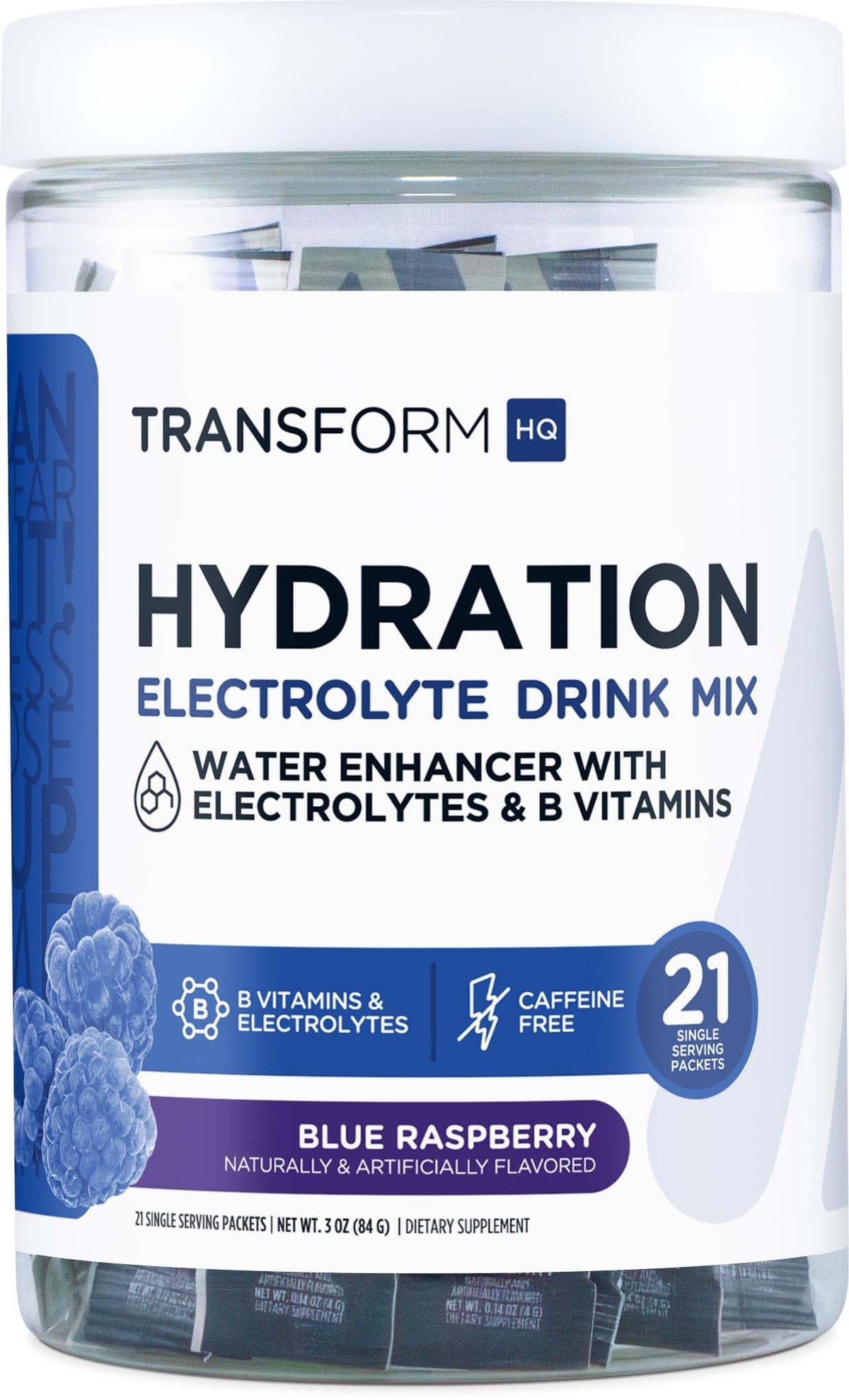 TransformHQ Hydration blue raspberry packet for quick on-the-go hydration.