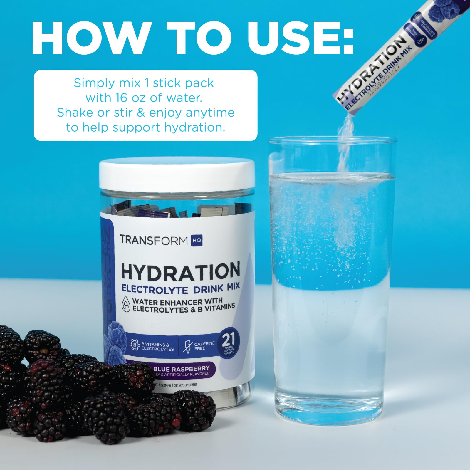 TransformHQ Hydration Drink Mix flavors shown in color variety suggests appealing daily hydration options.