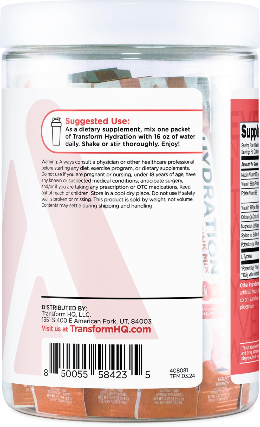 TransformHQ Hydration Drink Mix single-serving packet close-up suggests simple, mess-free mixing.