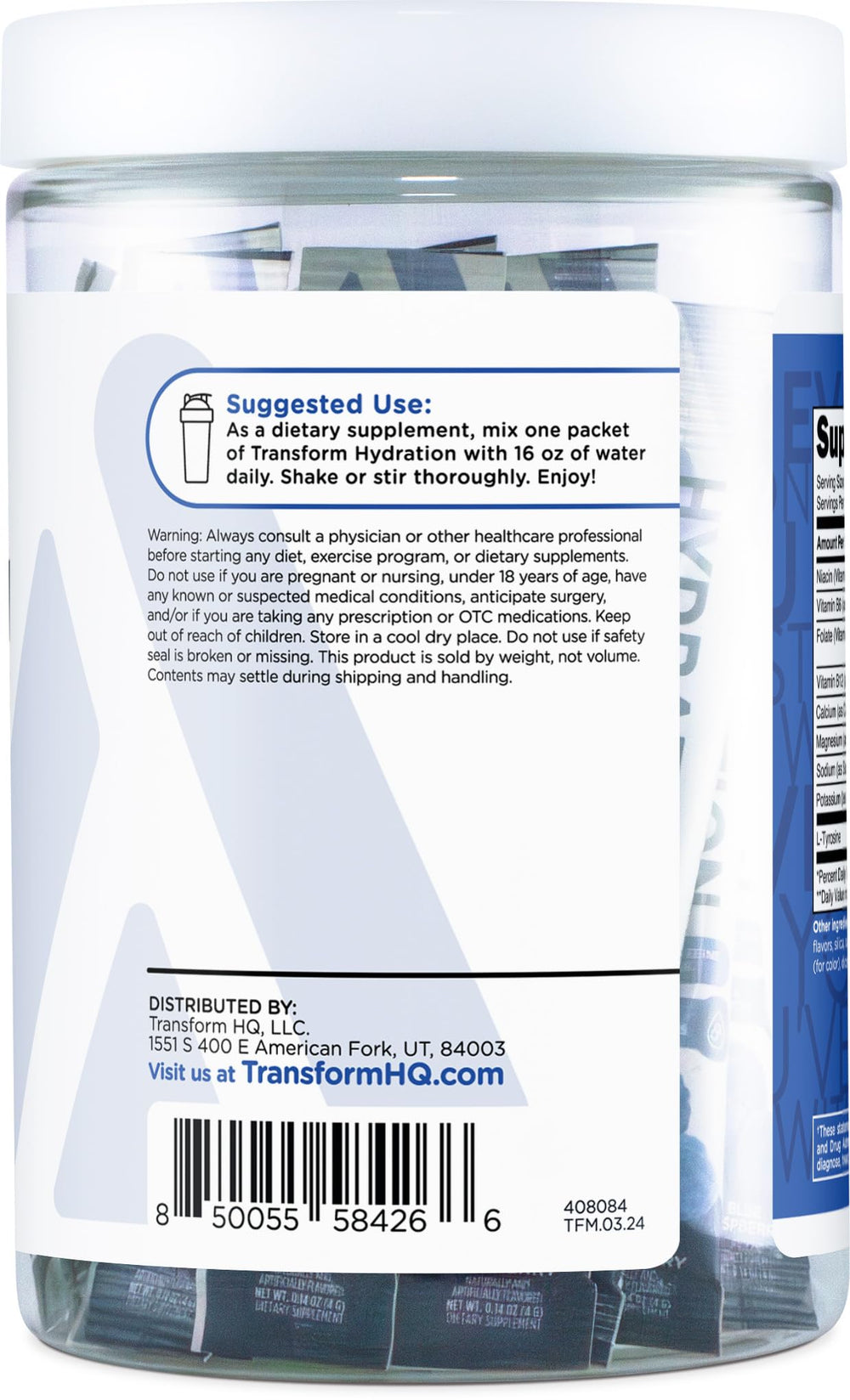 TransformHQ Hydration blue raspberry drink in glass highlighting vibrant flavor.