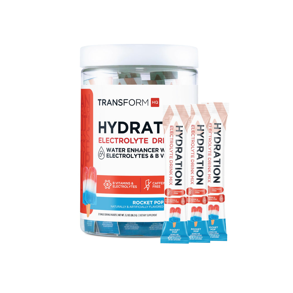 TransformHQ Hydration glass with Rocket Pop shows a refreshing post-workout drink.