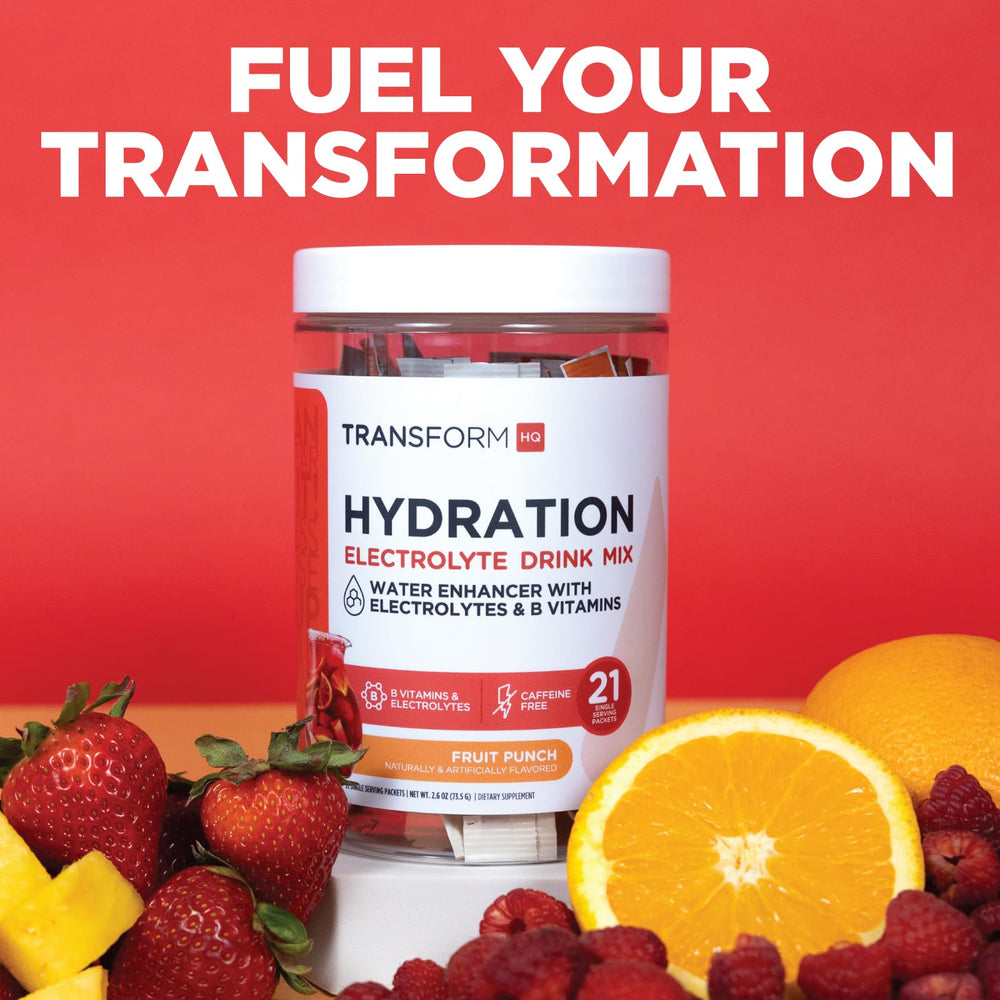 TransformHQ Hydration packaging close-up signaling quality materials.