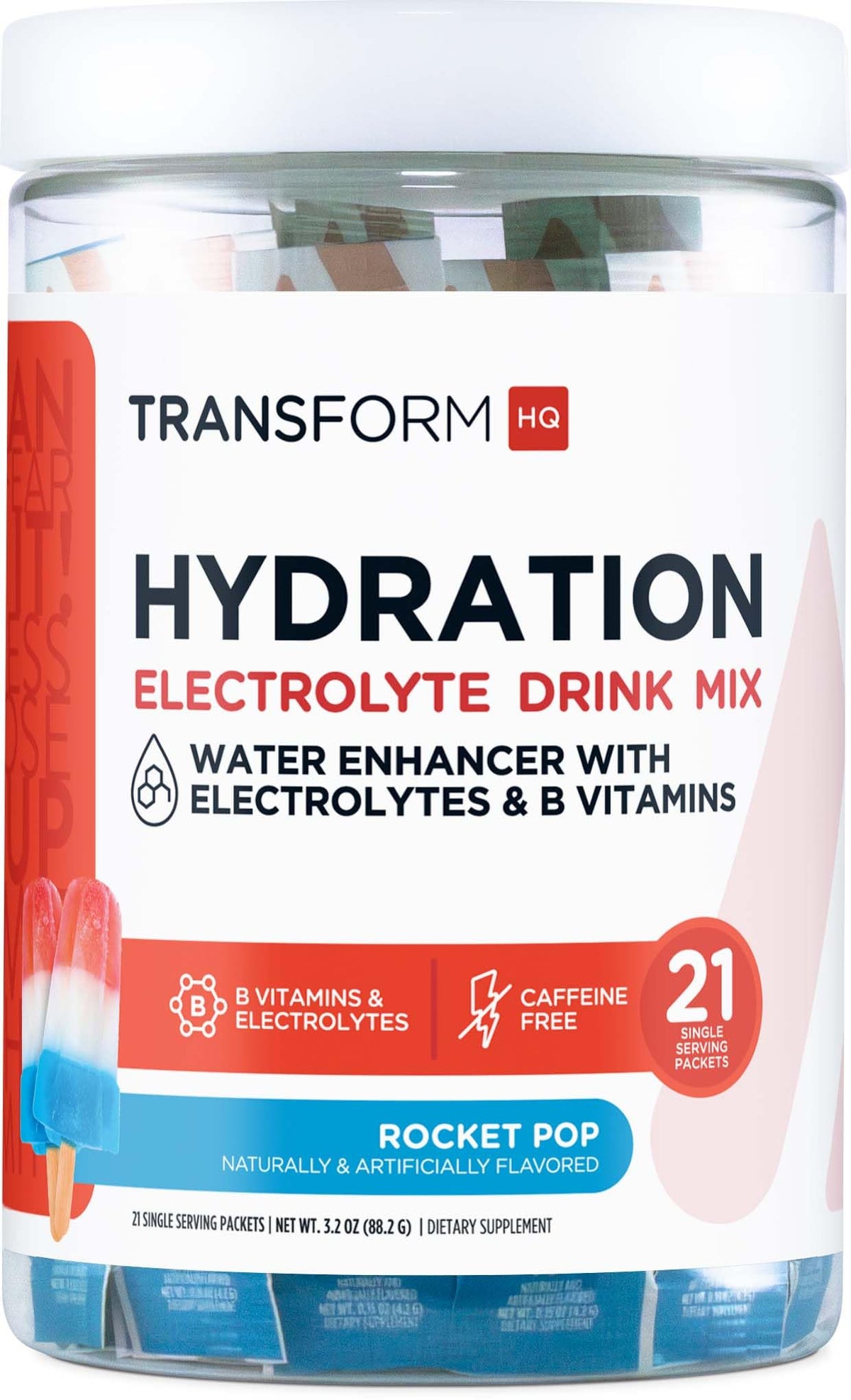 TransformHQ Hydration Rocket Pop packet ready to mix for quick hydration on the go.