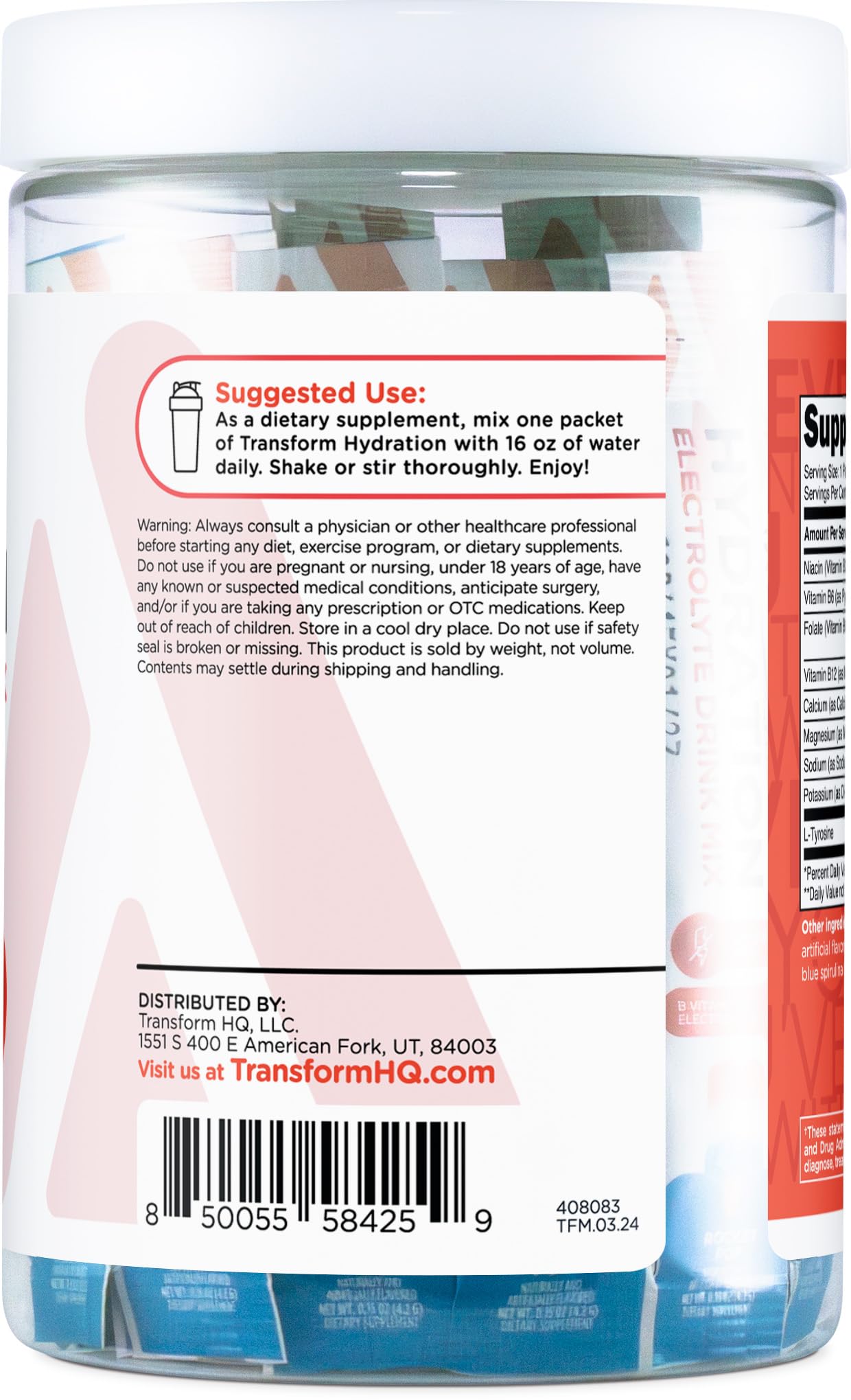 TransformHQ Hydration single-serving packets arranged for portable hydration anywhere.