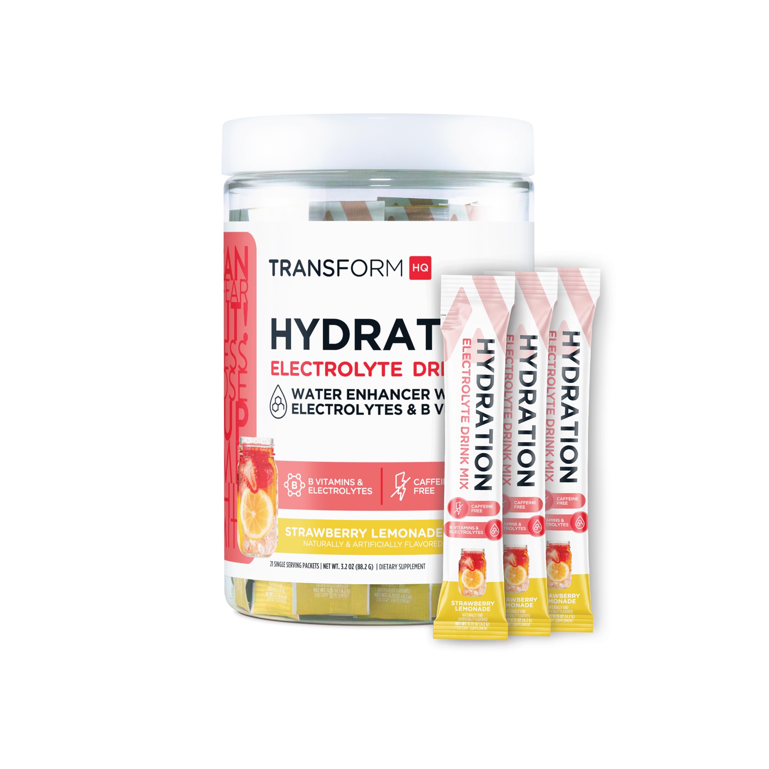 TransformHQ Hydration Strawberry Lemonade glass showing refreshing flavor and quick hydration.