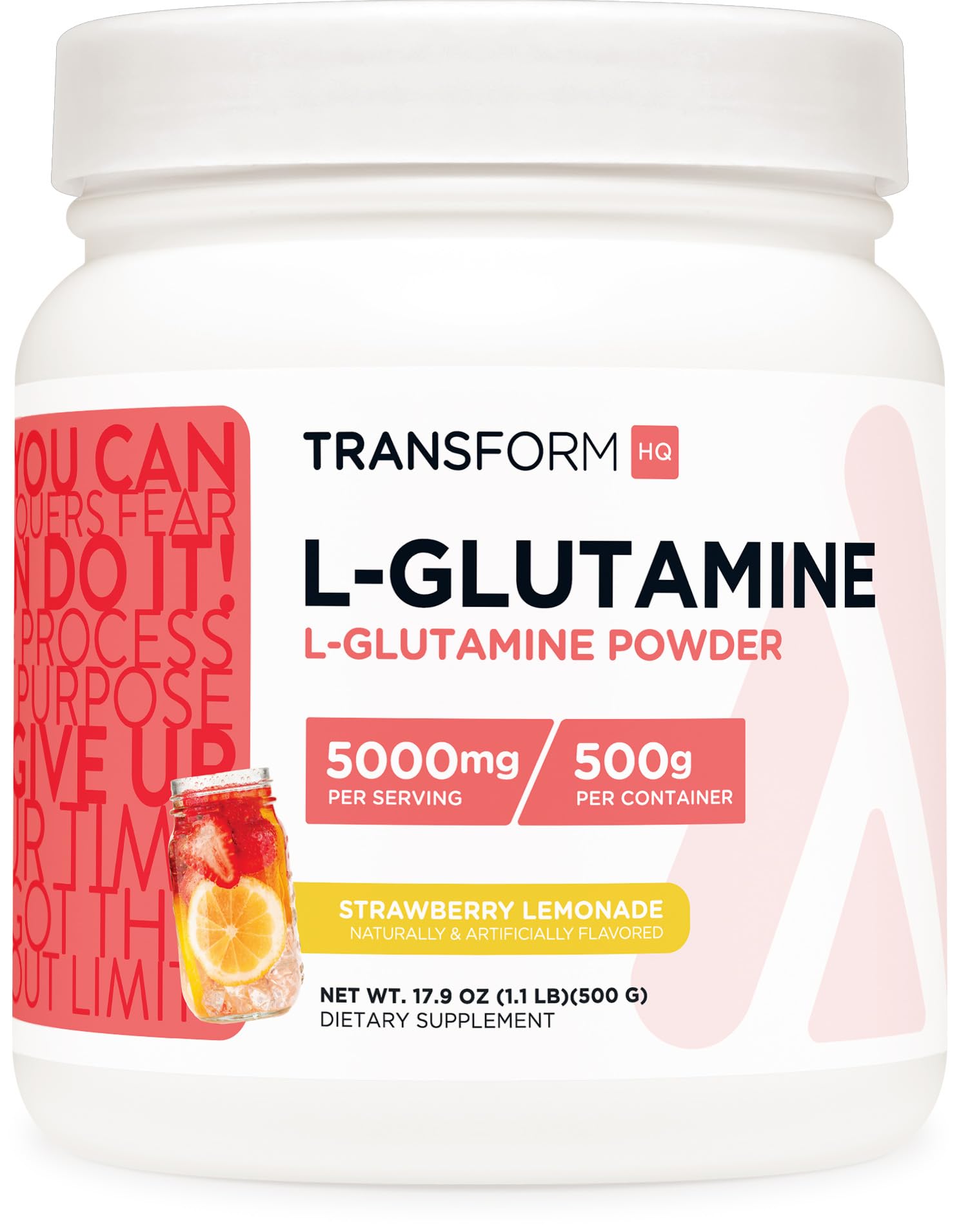 TransformHQ L-Glutamine Powder 500g Strawberry Lemonade container