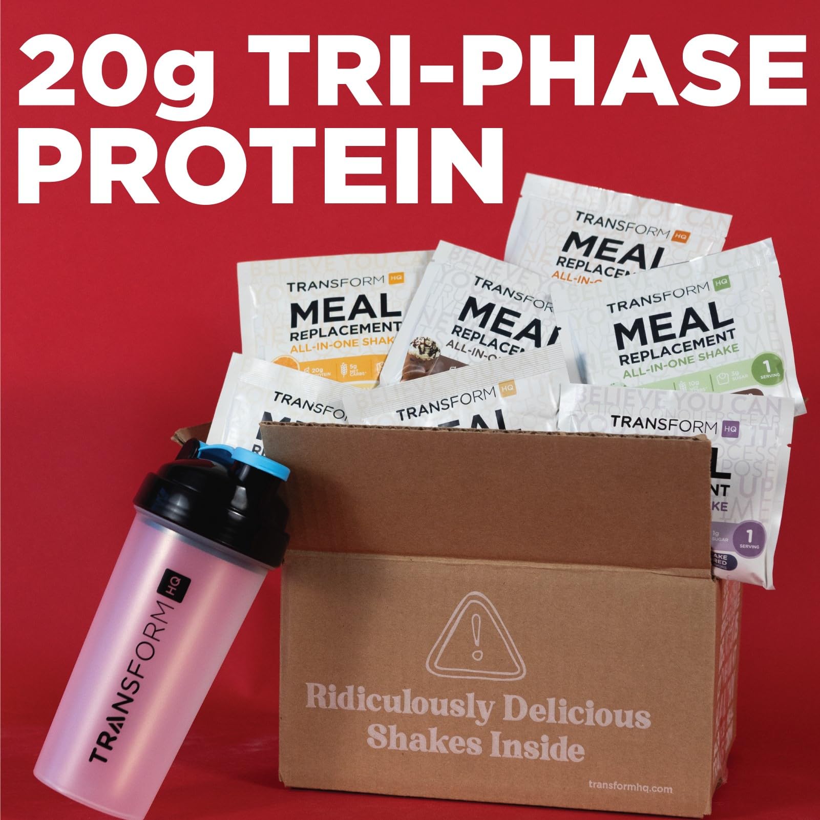 TransformHQ meal replacement packs seven flavors highlighted by the variety box for versatile daily nutrition