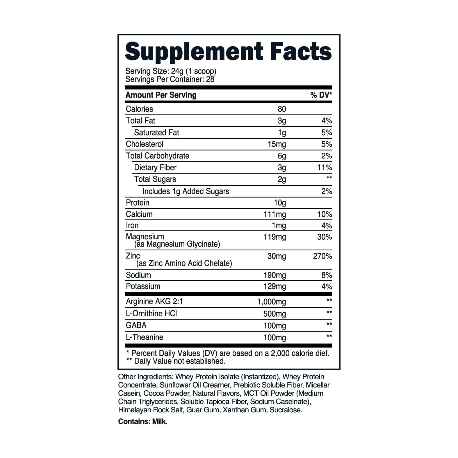 Nutrition facts panel for TransformHQ Nighttime Shake Chocolate Chip Cookie flavor