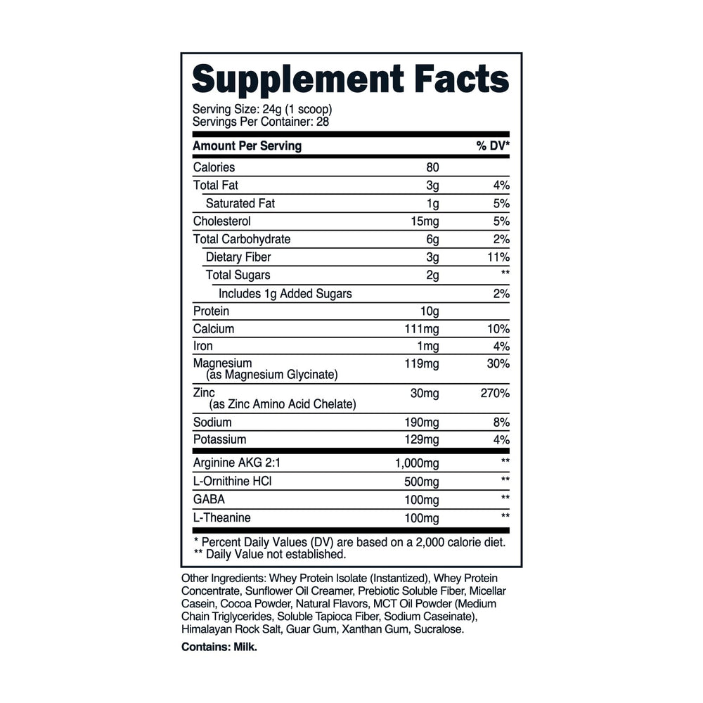 Nutrition facts panel for TransformHQ Nighttime Shake Chocolate Chip Cookie flavor