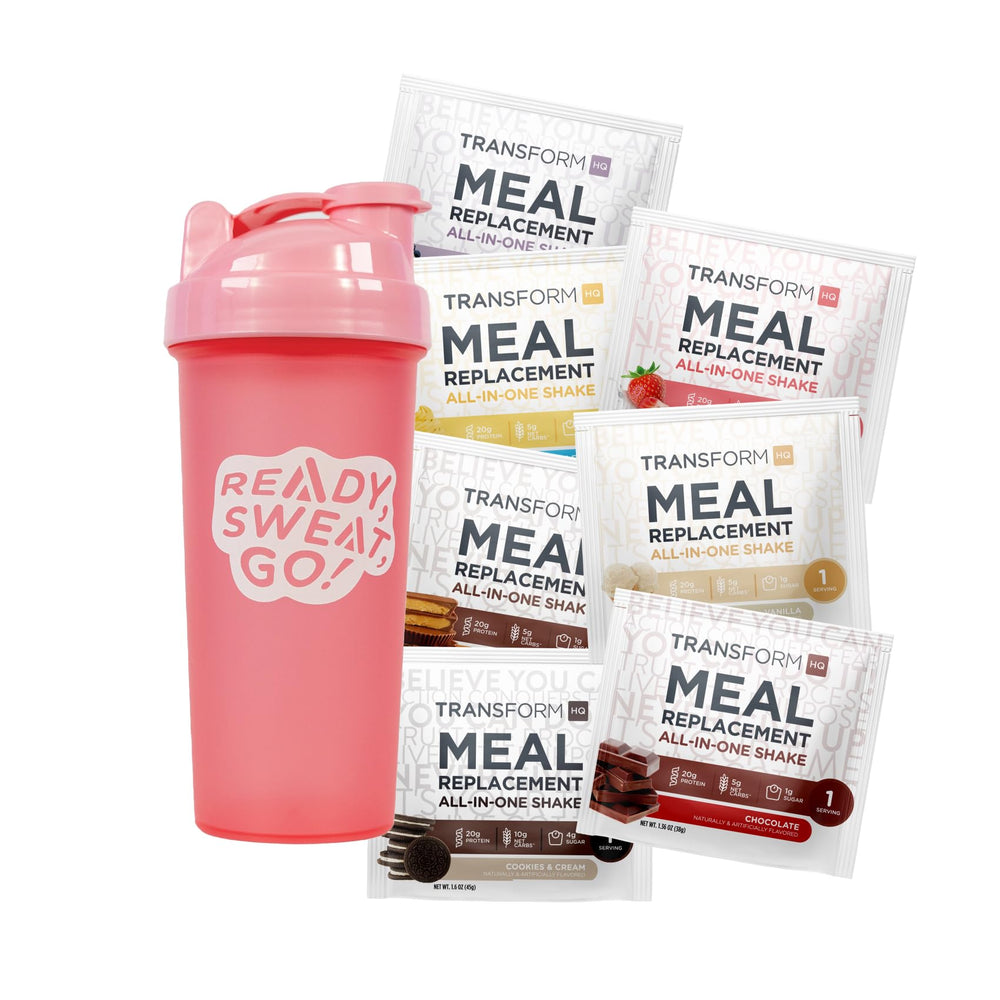 TransformHQ variety box pink shaker top view for quick, protein-packed meals on the go