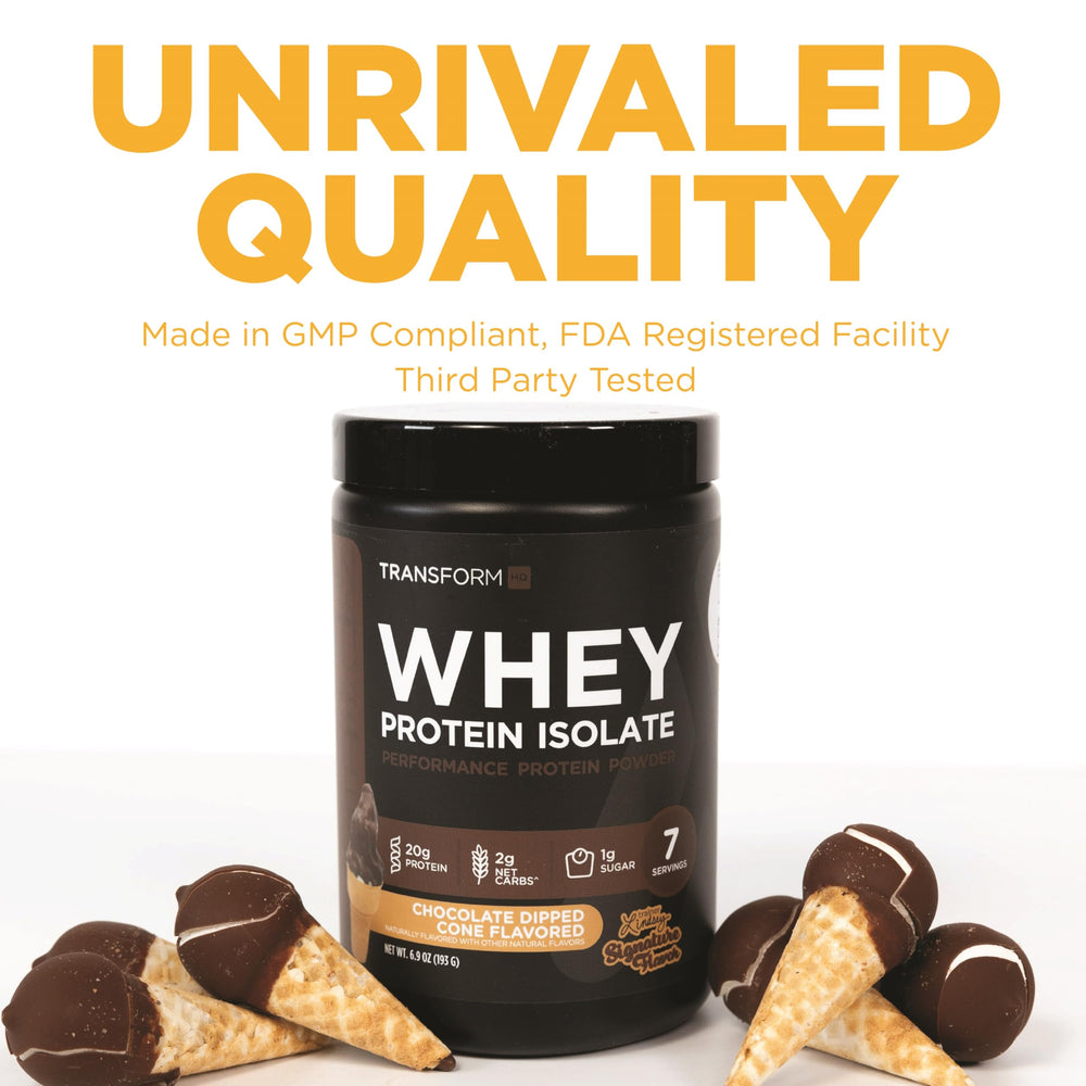 TransformHQ Whey Isolate chocolate scoop in bottle illustrating convenient supplementation