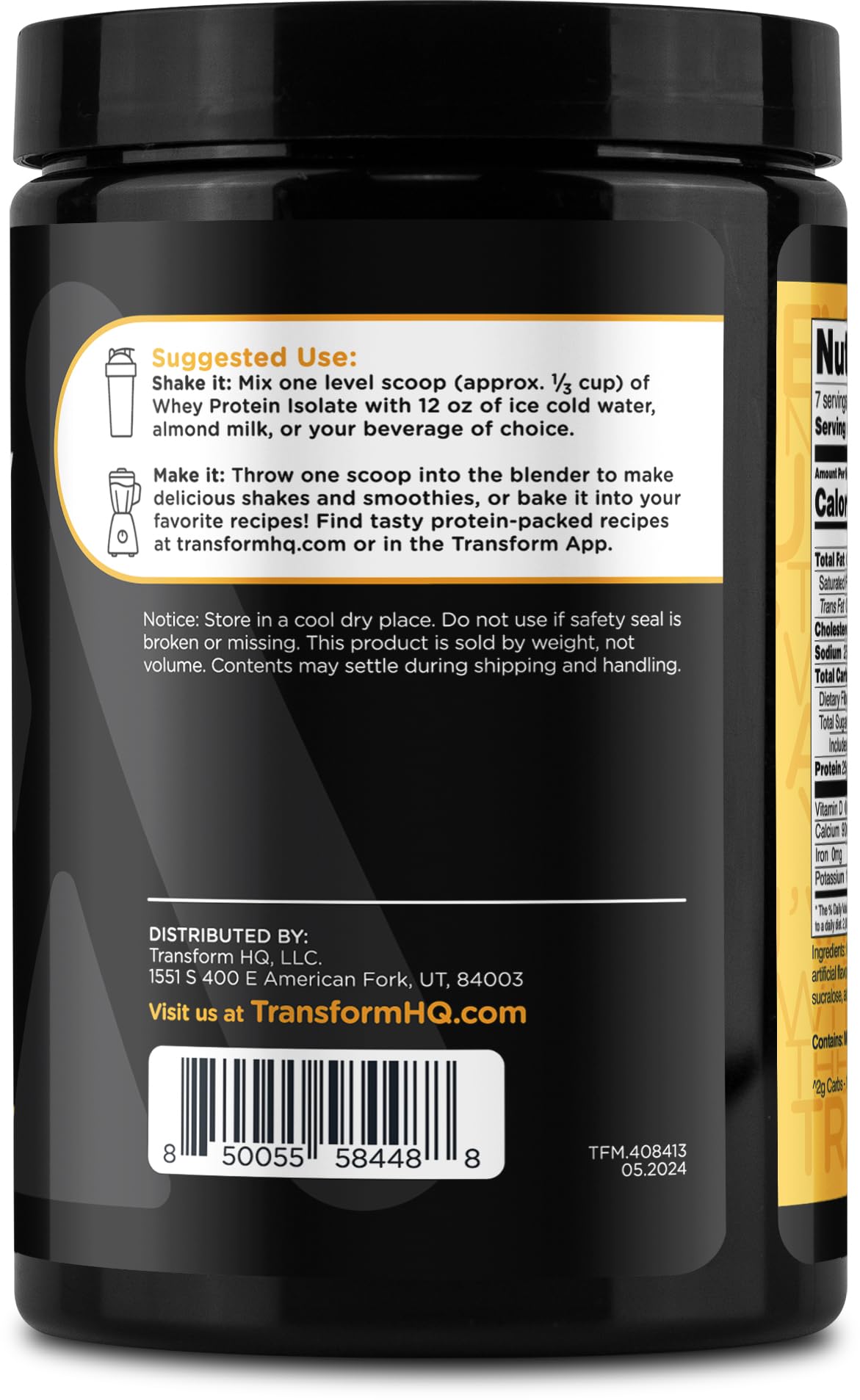 TransformHQ protein powder ingredient label highlighting whey isolate source