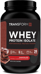 TransformHQ whey protein isolate chocolate bottle closeup for a high-protein shake on the go