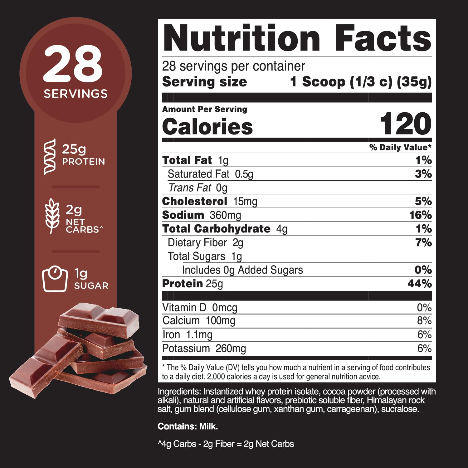 TransformHQ whey protein isolate chocolate scoop showing convenient 25 g serving for quick meals