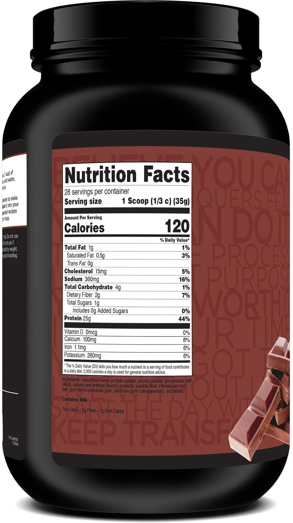 TransformHQ chocolate whey isolate serving presented as a protein-rich snack