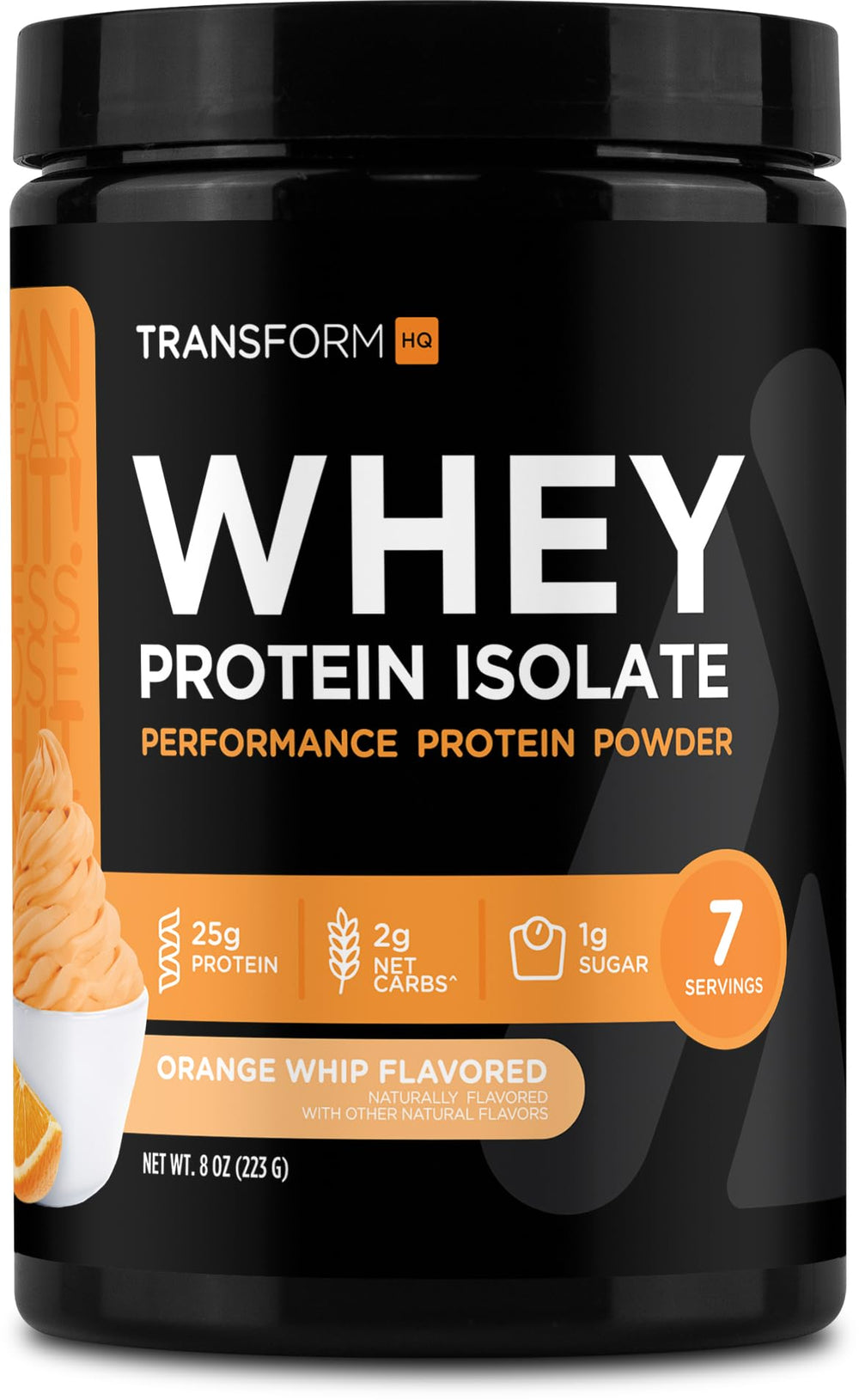 TransformHQ Orange Whip Whey Protein Isolate container front view