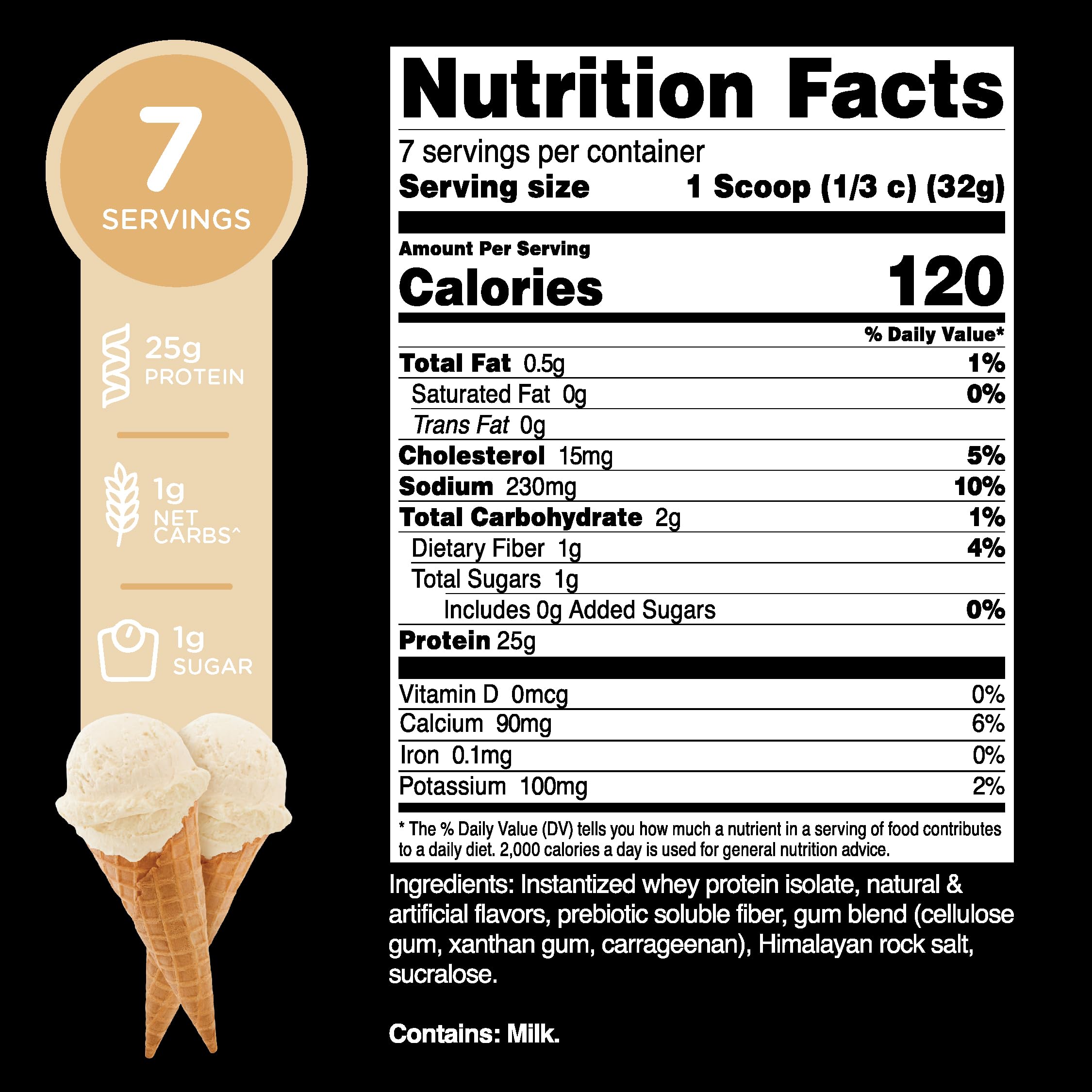 Close-up of vanilla whey protein isolate powder and scoop