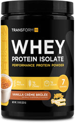 TransformHQ Whey Protein Isolate Vanilla Creme Brulee container front label