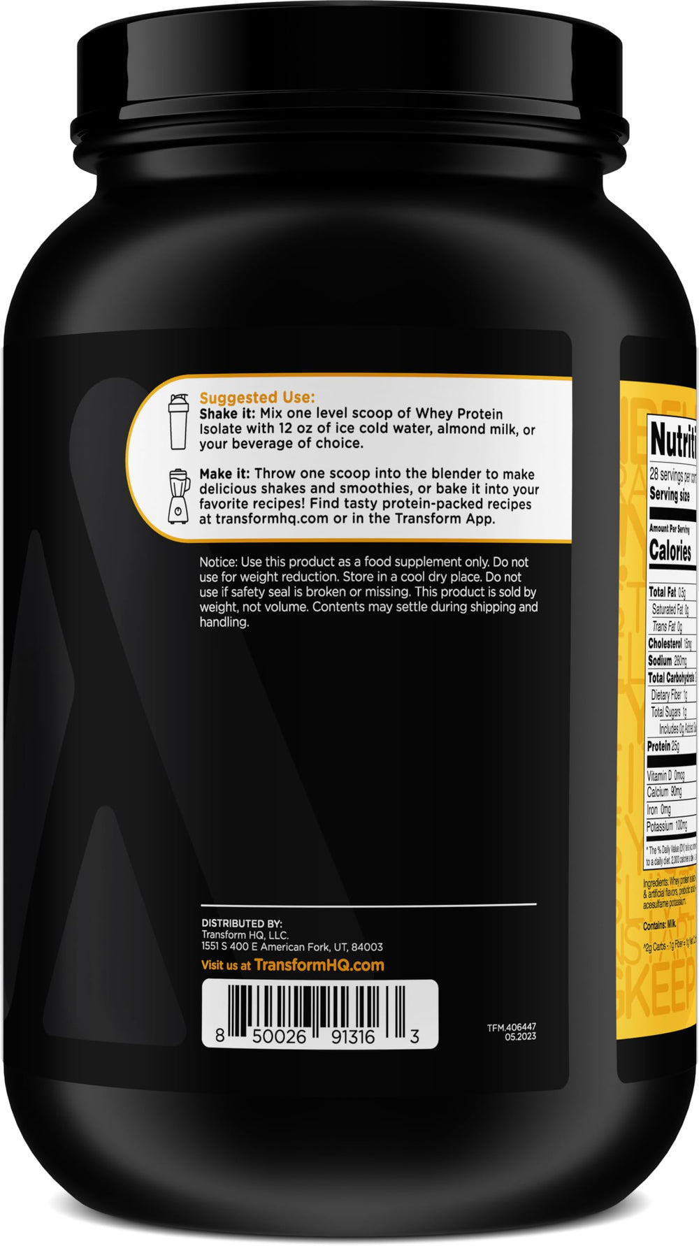 TransformHQ whey protein isolate Vanilla Creme Brulee label illustrating product branding