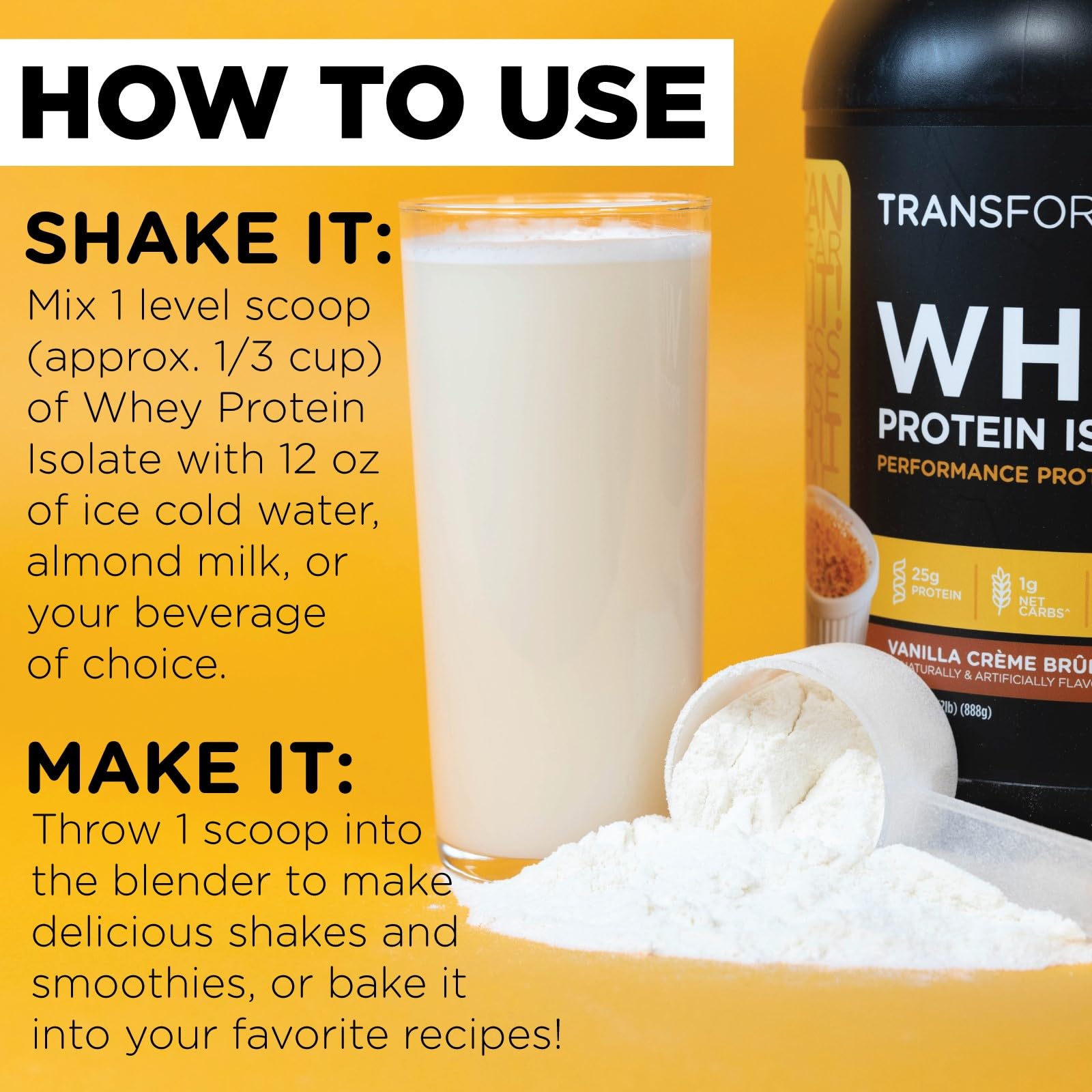 TransformHQ whey protein isolate Vanilla Creme Brulee shake in glass showcasing delicious flavor